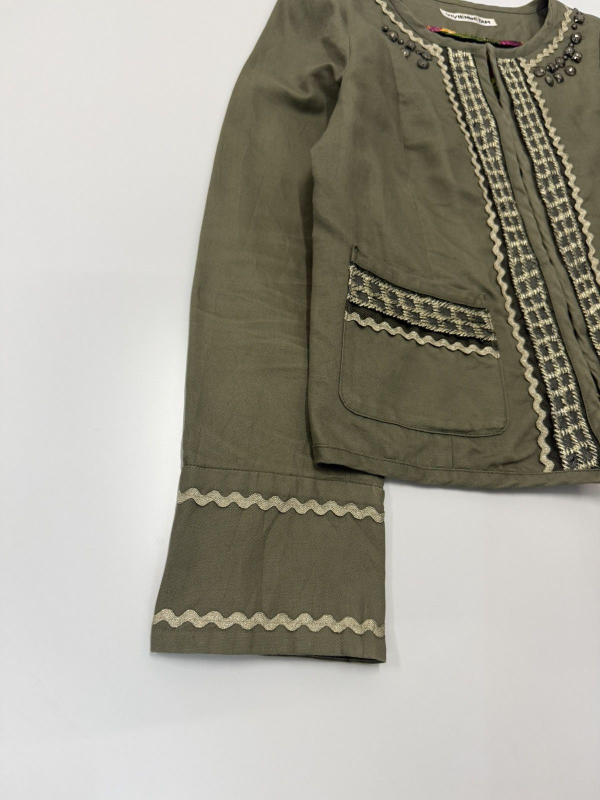 Vivienne Tam 🔥 90s Vivienne Tam Olive Cropped Jacket Boho Beaded Designer Size S / US 4 / IT 40 - 3 Thumbnail