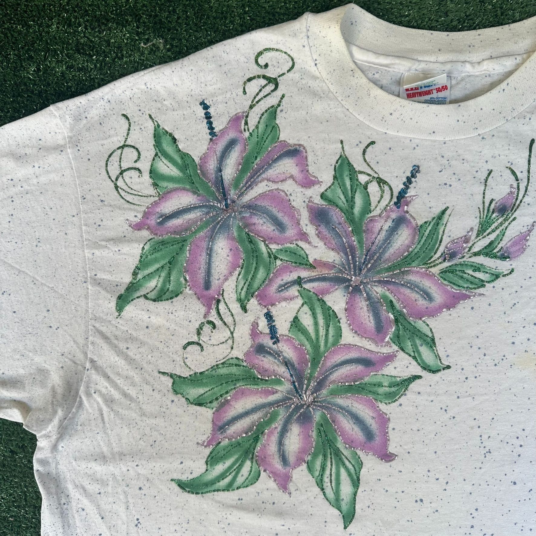 Hanes Vintage 90s Floral T-Shirt Speckled White XXL Single Stitch Size US XXL / EU 58 / 5 - 2 Thumbnail