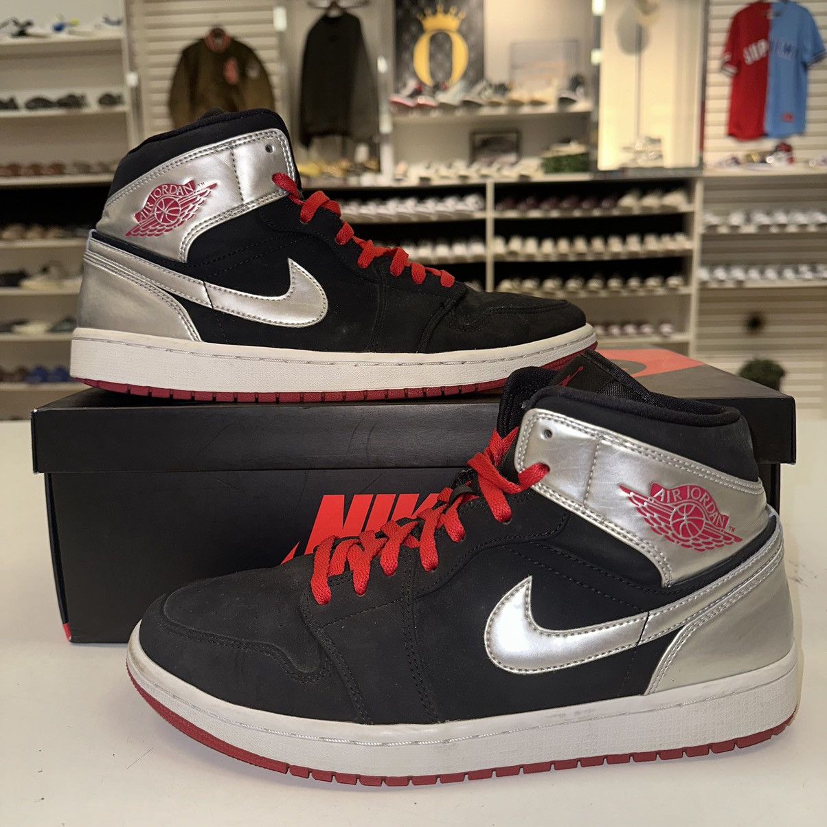image of Size 9 - Jordan 1 Mid Black Metallic Silver Shoes, Men's