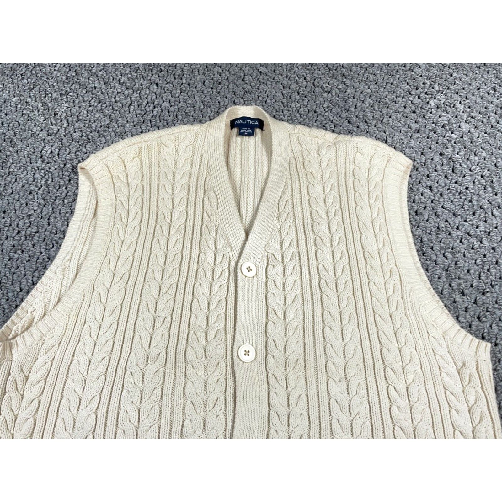 Nautica Nautica Tennis Style Sweater Vest Adult Medium Beige Blue Cable Knit Button Up Vest Womens/Mens? Size US M / EU 48-50 / 2 - 7 Thumbnail