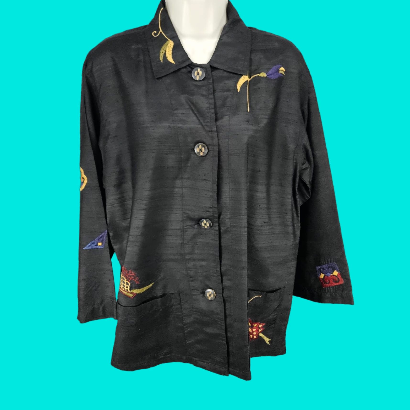 Vintage Chico's Design Black 100% Silk Embroidered 3/4 Sleeve Button Shirt Jacket Womens US 8 Size XS / US 0-2 / IT 36-38 - 1 Thumbnail