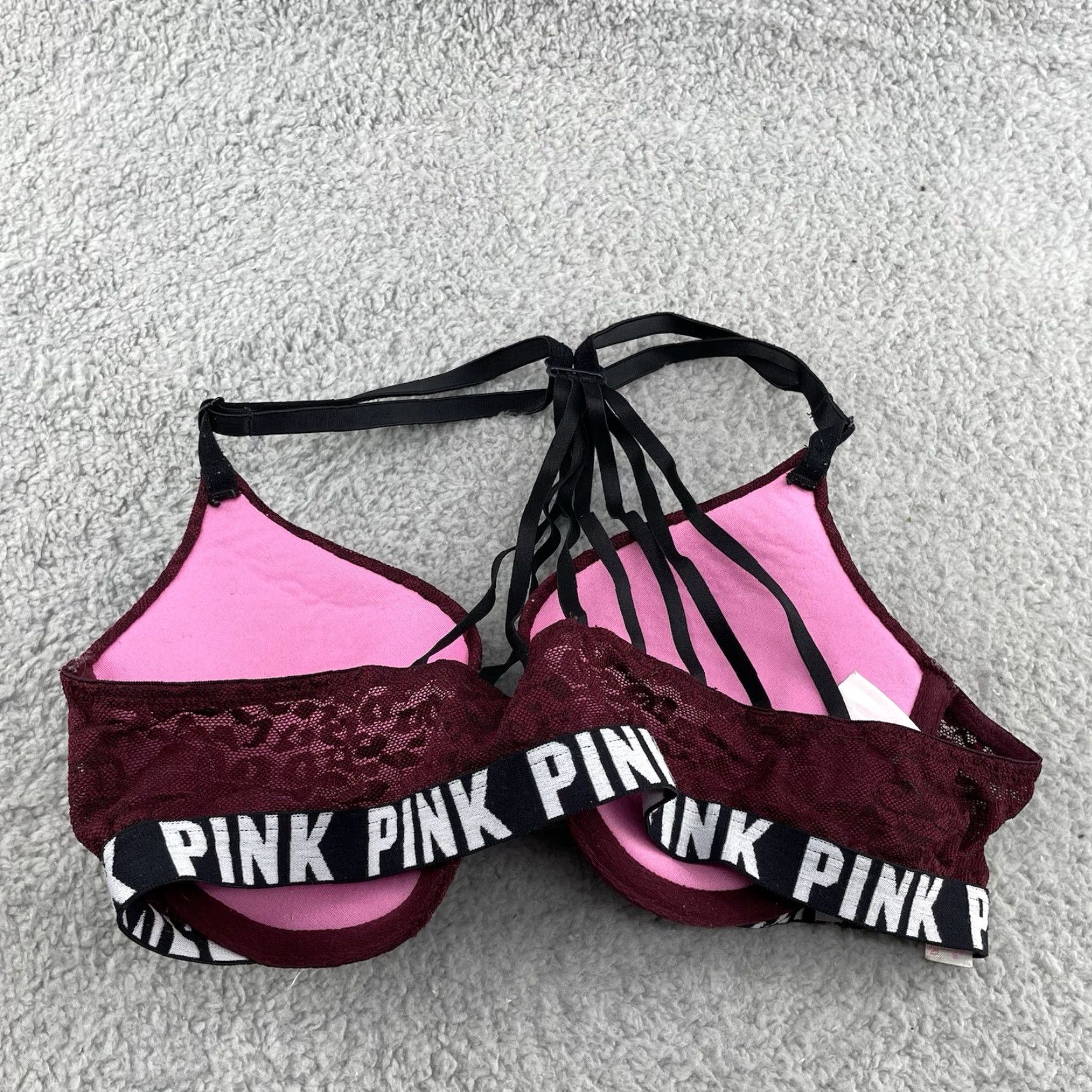 Victoria's Secret VINTAGE Victoria's Secret Sport Push Up Bra Womens 34B Burgundy Floral Lace Underwire Size ONE SIZE - 3 Thumbnail
