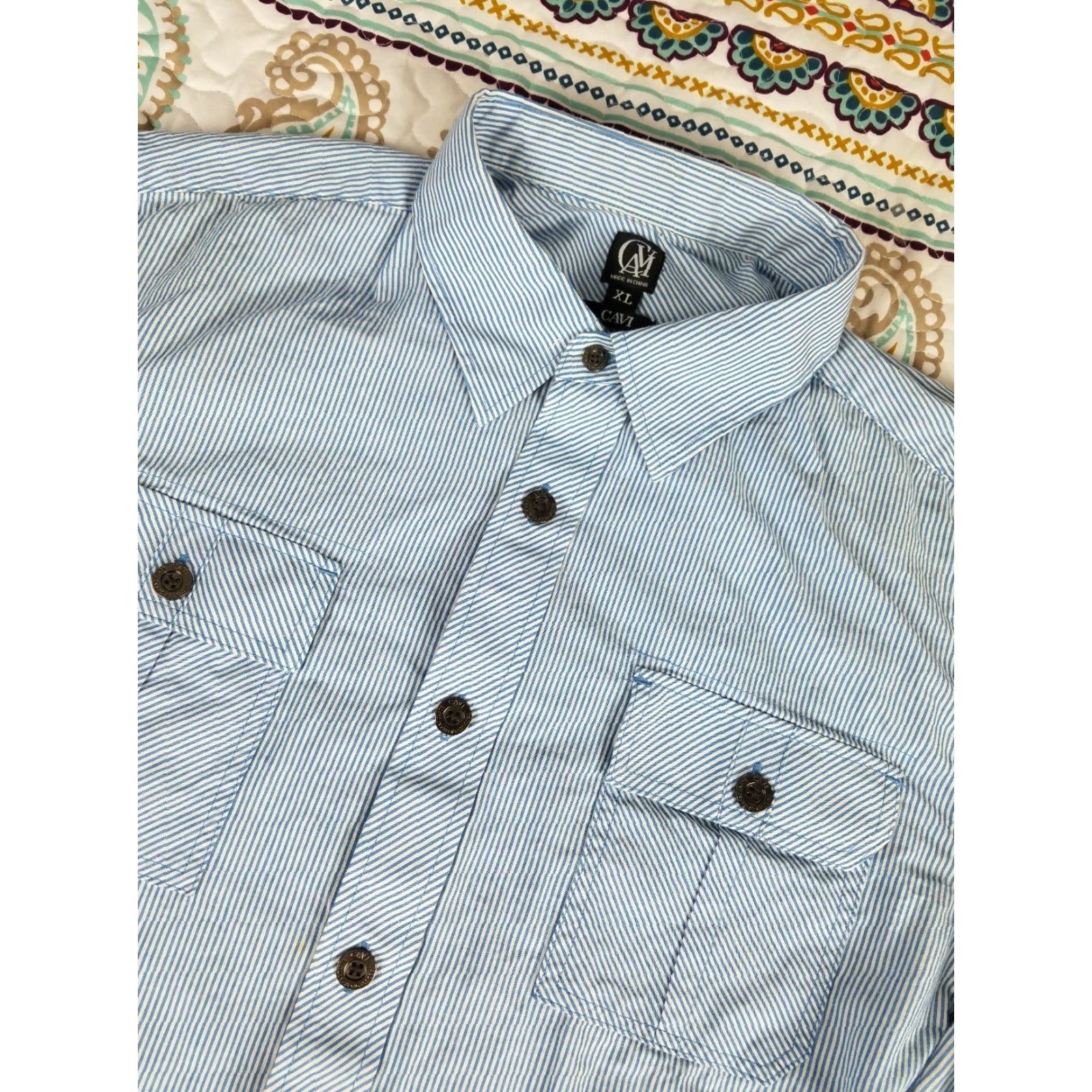 Vintage CAVI Mens Button-Up Dress Shirt XL Blue Pinstripe Military Style Shirt Mens XL Blue Pinstripe Size 46R - 3 Thumbnail