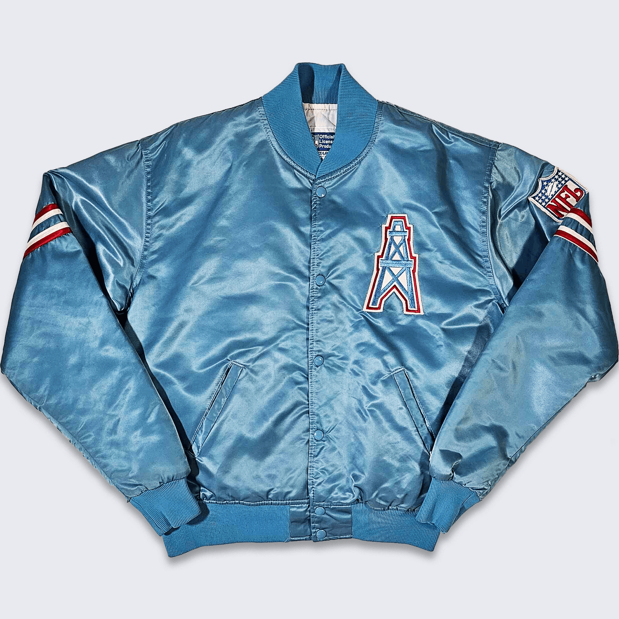 image of Nfl x Starter Houston Oilers Vintage 80's Starter Satin Bomber Jacket in Sky Blue, Men's (Size Larg