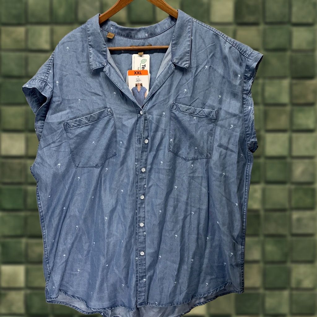 Vintage JACHS Girlfrien Denim Palm Tree Sleeveless Button-Up Shirt NWT 2XL Blue Womens Shirt Size XXL / US 16-18 / IT 52-54 - 1 Thumbnail