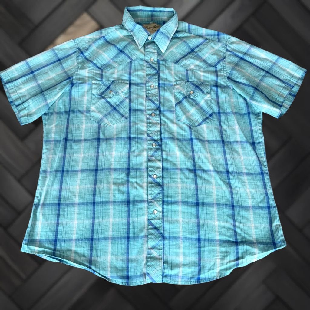 Wrangler Western Shirt Mens 1XL Blue Plaid Short Sleeve Cowboy Rodeo Pearl Snap, Men's