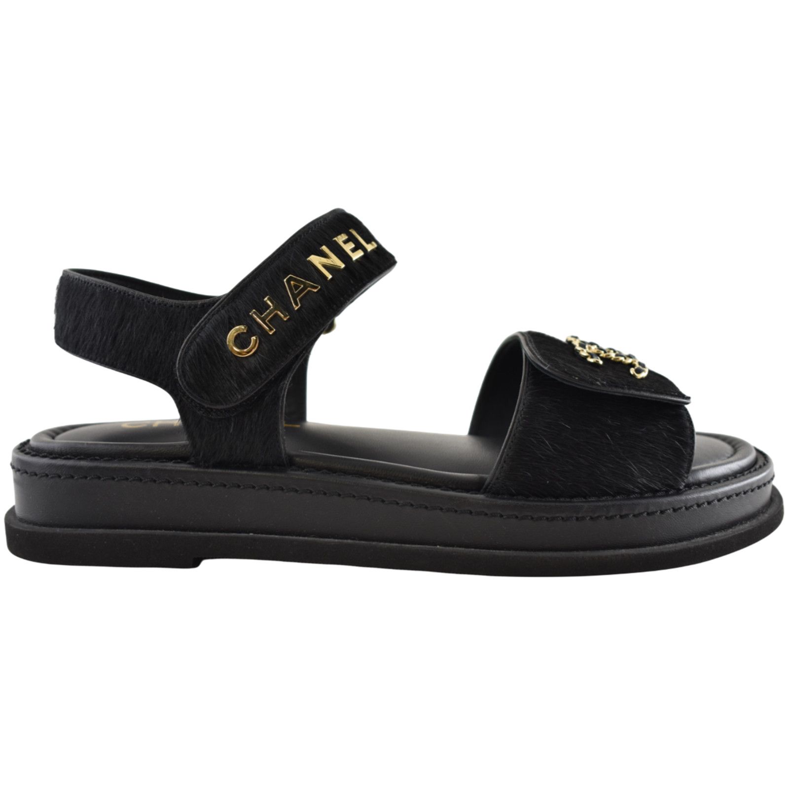 Chanel Chanel 24B Black Calf Hair Gold CC Logo Flat Dad Sandal 36 Size US 5 / IT 35 - 1 Thumbnail