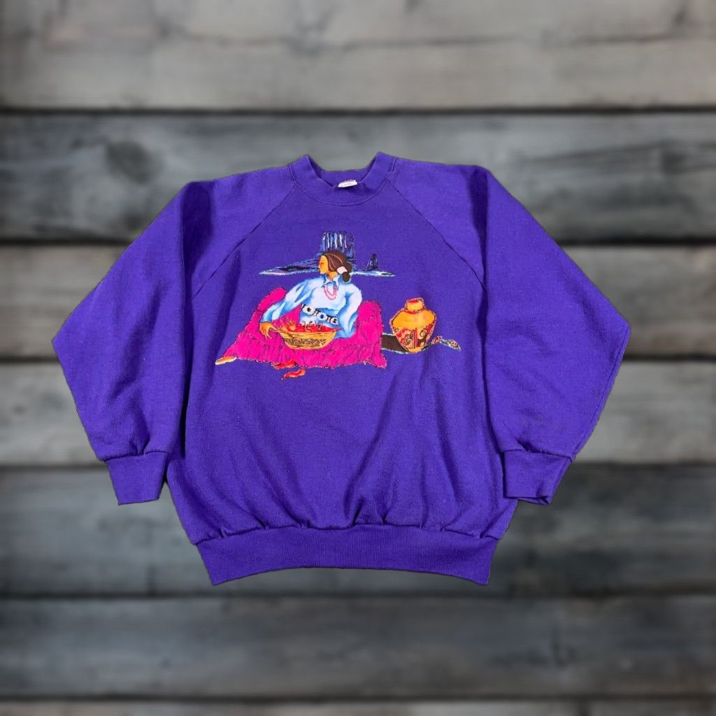 Fruit Of The Loom Southwestern Tribal Painted Mock Neck Sweatshirt Women's Large Purple 90s Size L / US 10 / IT 46 - 1 Thumbnail
