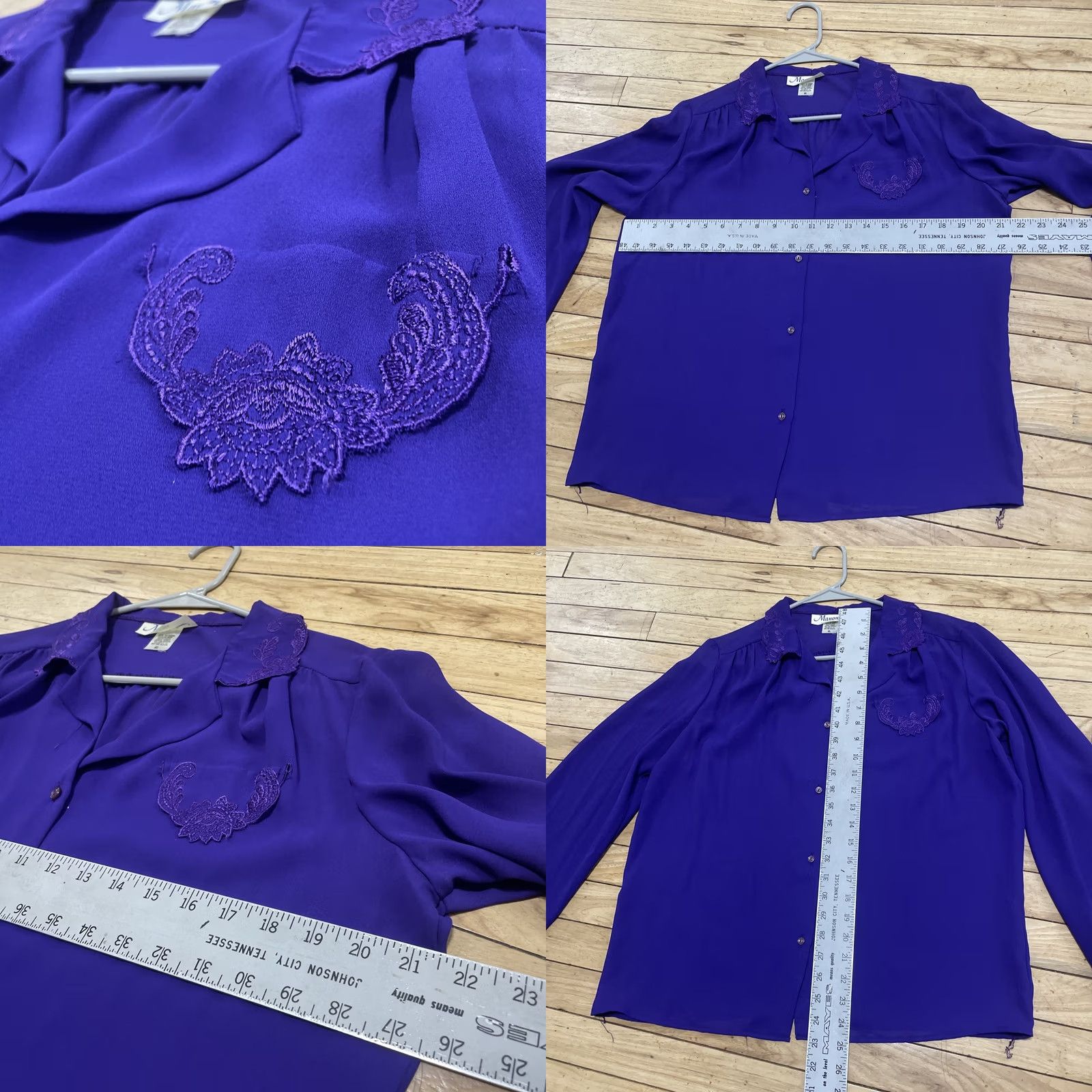 Vintage VINTAGE Manon Made USA Blouse Chiffon Top Women XL Purple Royal Purple Sheer Lace Button Up 1970s USA 70s Womens Size XL / US 12-14 / IT 48-50 - 8 Thumbnail