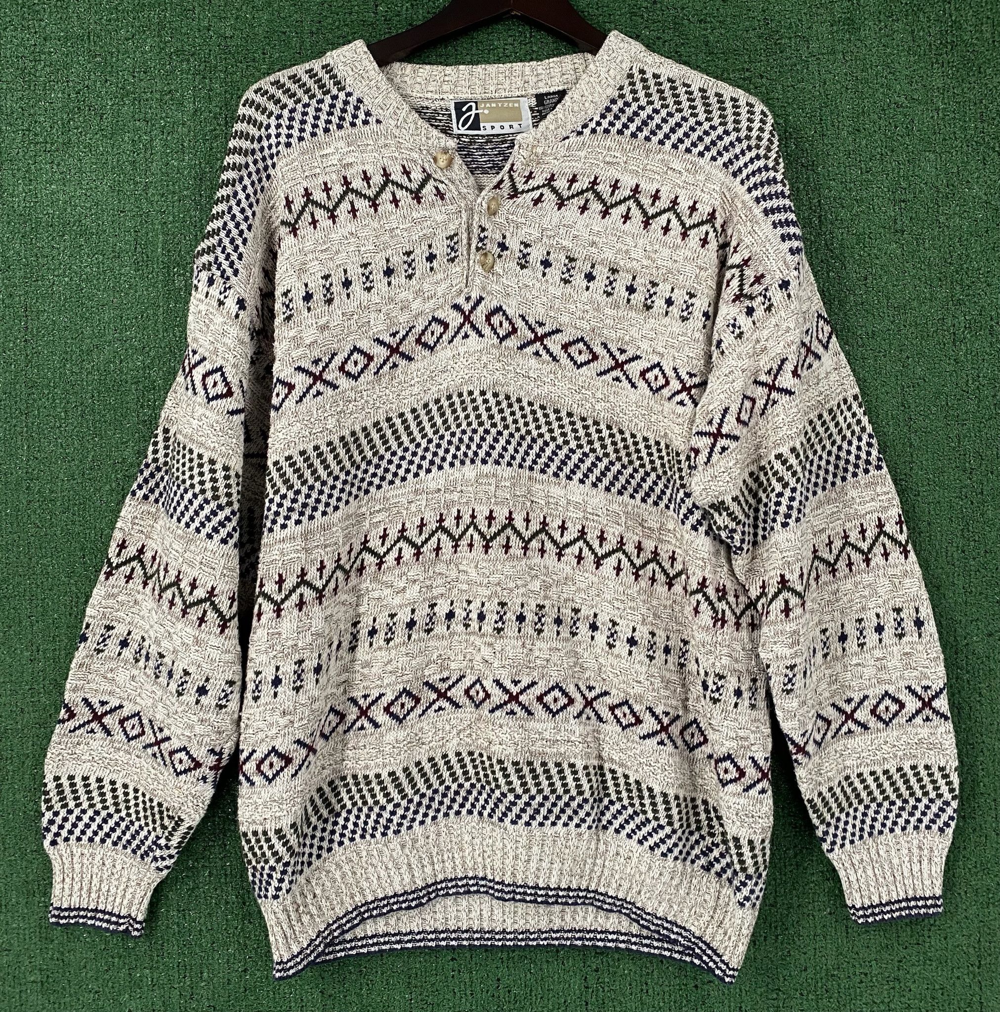 Jantzen 90’s Jantzen Sport Knit Henley Fair Isle Sweater Large Size US L / EU 52-54 / 3 - 1 Thumbnail