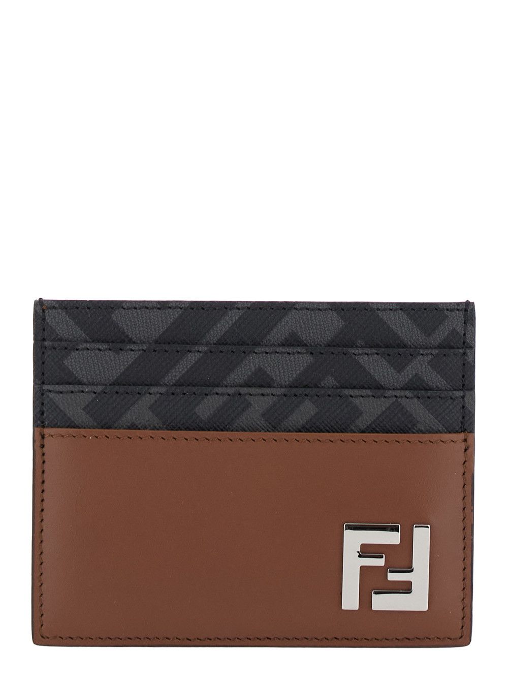 Fendi Brown Card Holder with FF Plaque on the Front in Leather and FF Canvas Man Size ONE SIZE - 1 Thumbnail