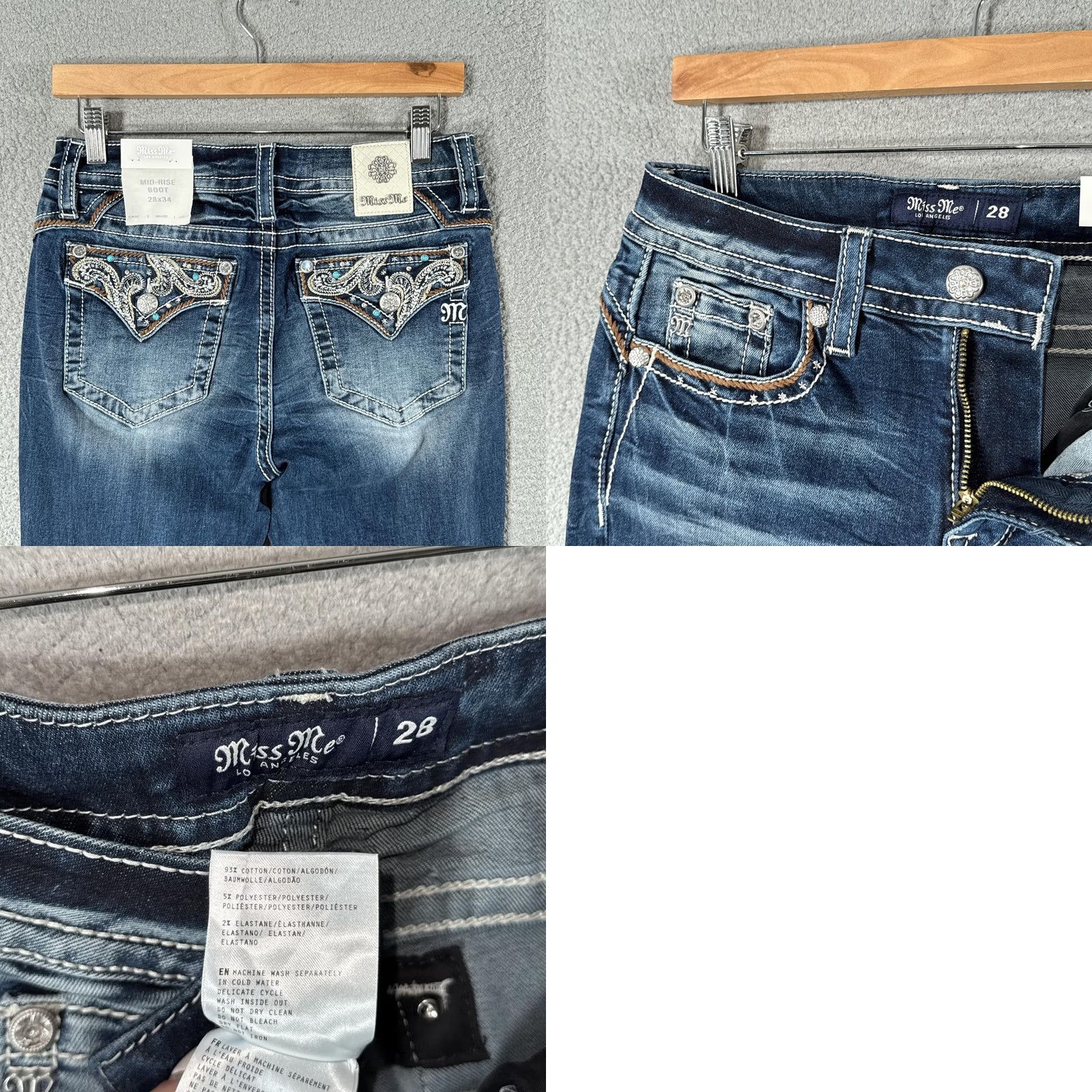 Miss Me Miss Me Jeans Womens 28 Bootcut Denim Embroidered Rhinestone Mid Rise 5-Pocket Cowboy Blue 34 Inseam Mens/ Womens Size 28" / US 6 / IT 42 - 9 Thumbnail