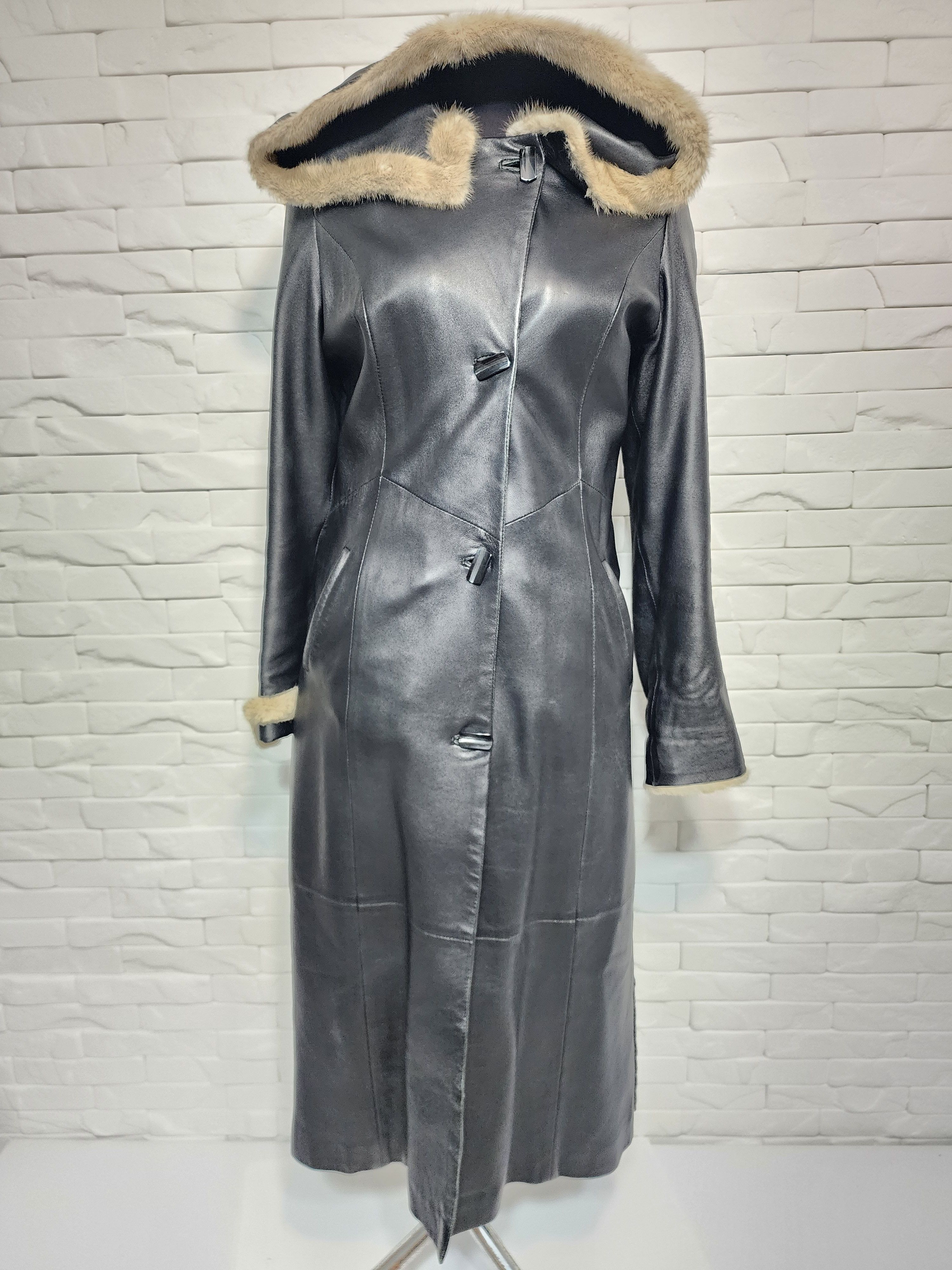 Genuine Leather Black Leather Long Jacket: Elegant Women's Coat With Hood Size M / US 6-8 / IT 42-44 - 1 Thumbnail