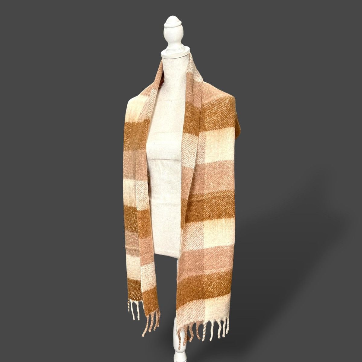 Cole Haan Cole Haan Oxford Tan Checkered Fringe Scarf 10”x70” Size ONE SIZE - 3 Thumbnail