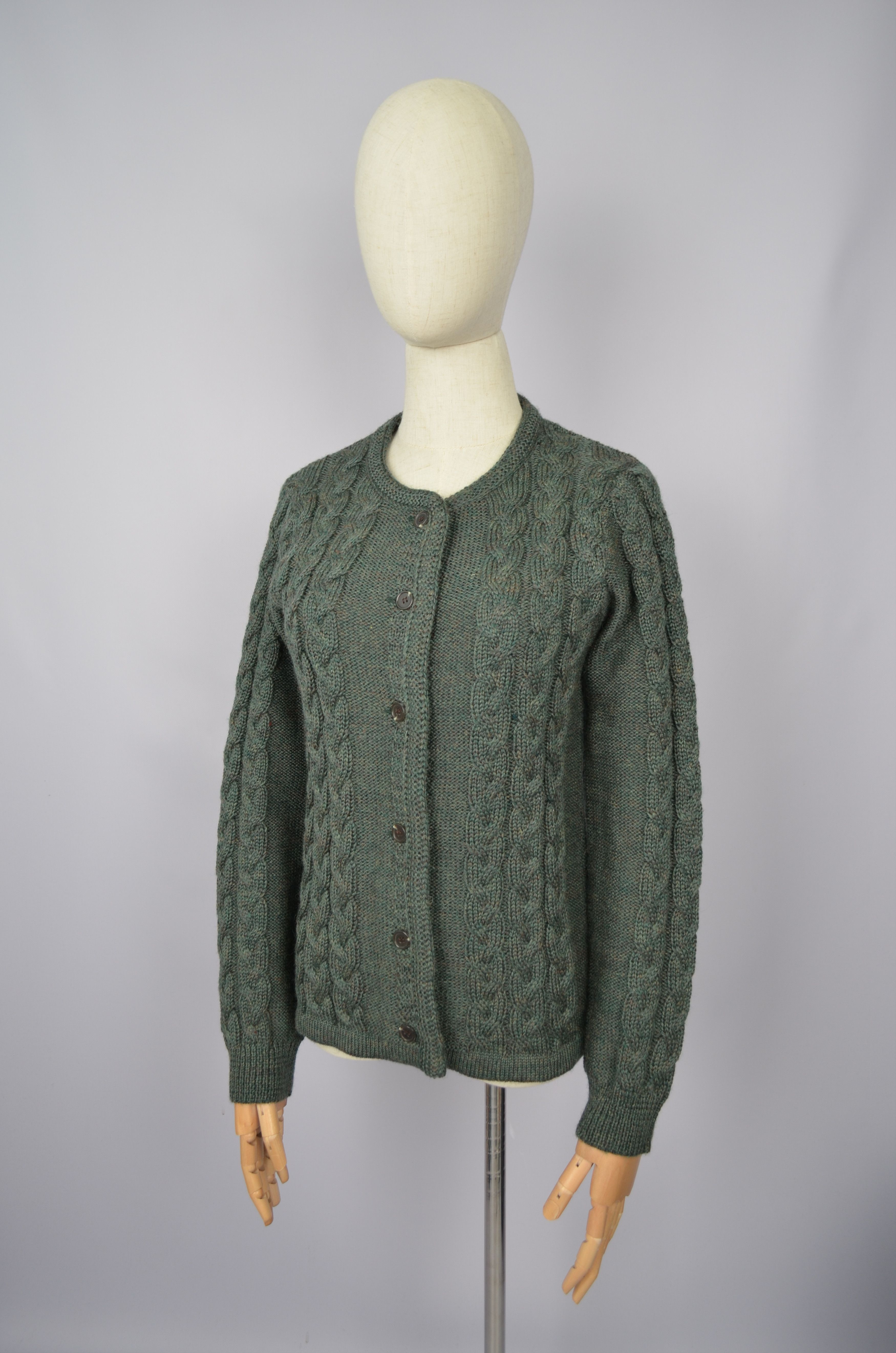 Designer Munrospun Cableknit Cardigan Size S Moss Green Pure New Wool Size S / US 4 / IT 40 - 4 Thumbnail