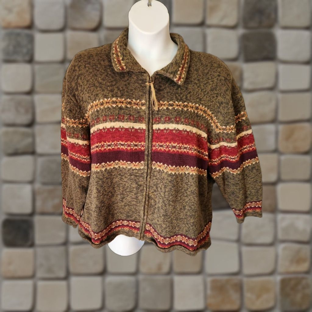Vintage Tiara Cardigan Women Green Winter Stripe Full Zip 26/28 Plus Size Sweater Size 4XL / US 24-26 - 1 Thumbnail