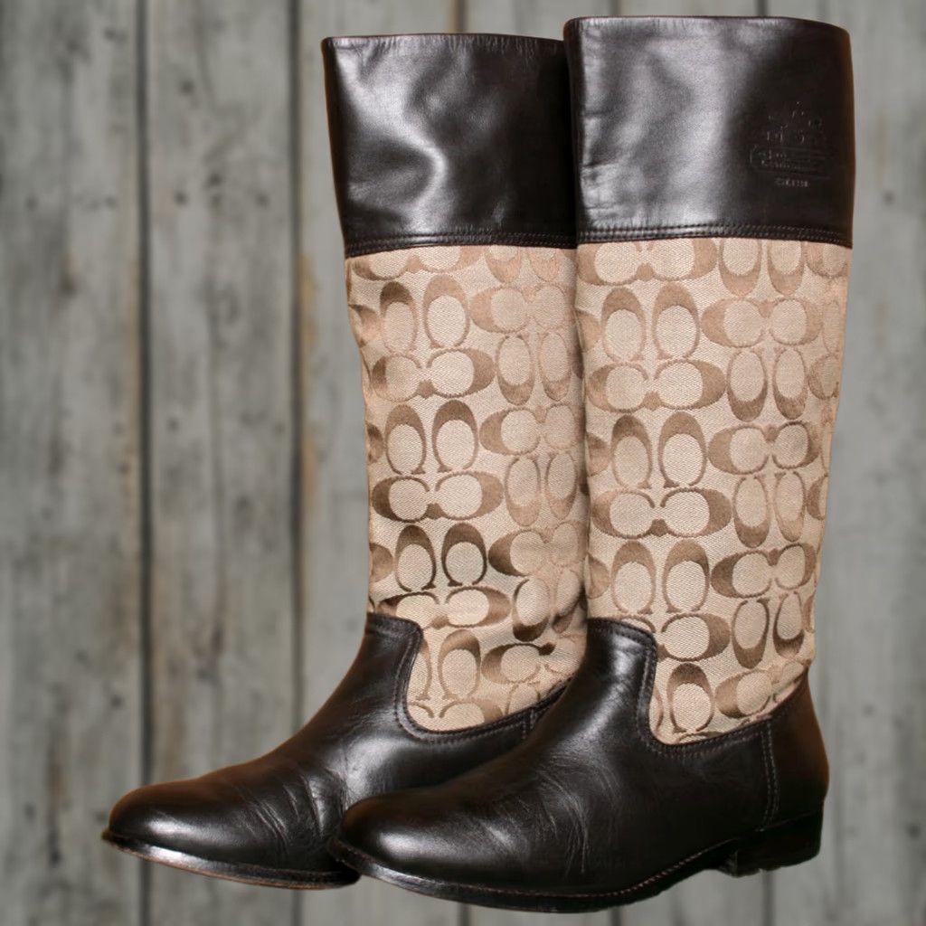 Coach VINTAGE COACH 'Chrissi' Brown Leather Khaki Signature Logo Jacquard Riding Boots Sz. 9B Women Knee High Leather | Canvas Brown Riding Boot Mens? Size US 9 / IT 39 - 1 Thumbnail
