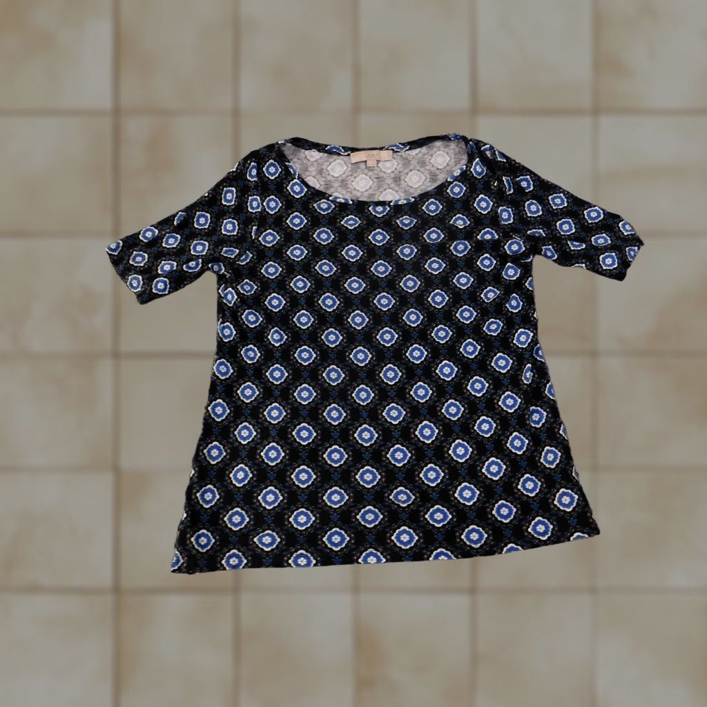 Loft LOFT Dress Womens Medium Black Blue White Geometric Print Short Sleeve Rayon Dress Size 32" / US 10 / IT 46 - 1 Thumbnail