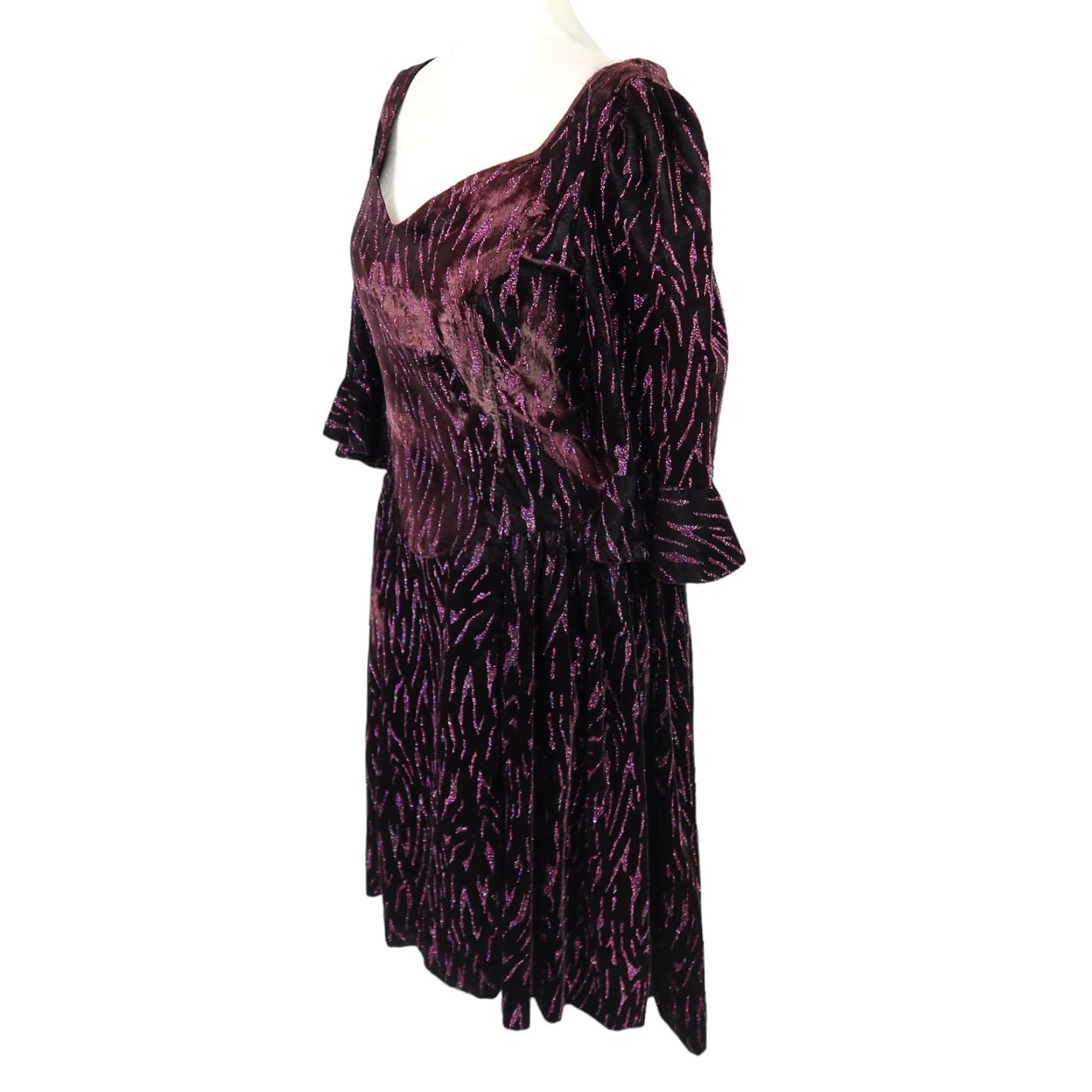 Velvet VINTAGE 80s plum purple velvet glitter midi prom party dress S Dress Girls 1980s Glam Rock Tea Size S / US 4 / IT 40 - 3 Thumbnail