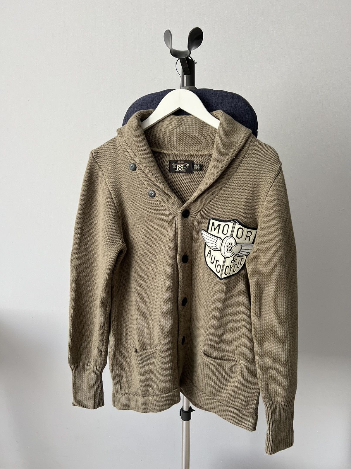 RRL Ralph Lauren Shawl Collar Knit Cardigan Motorcycle Patch