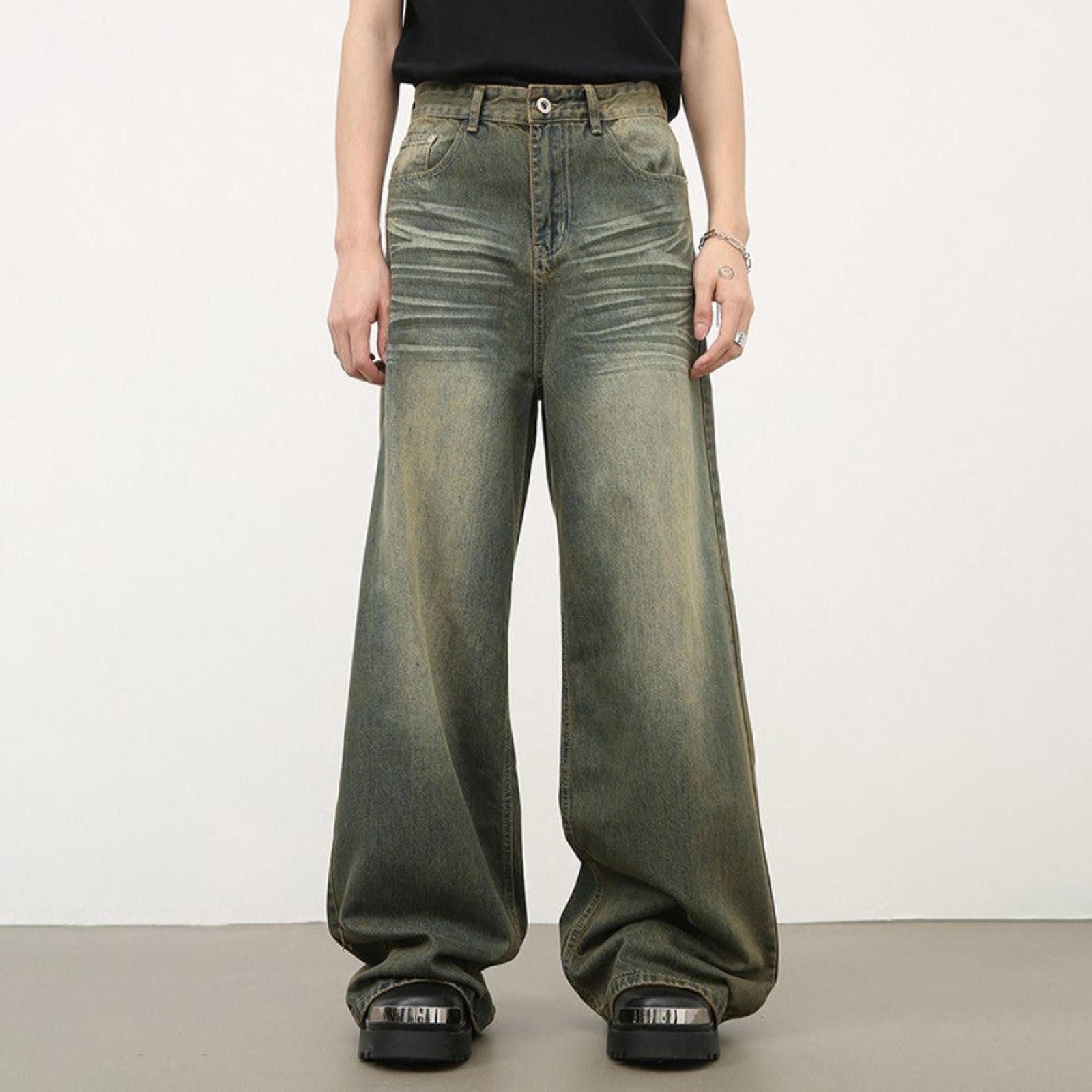 Olive Green Whiskered Wide Leg Jeans
