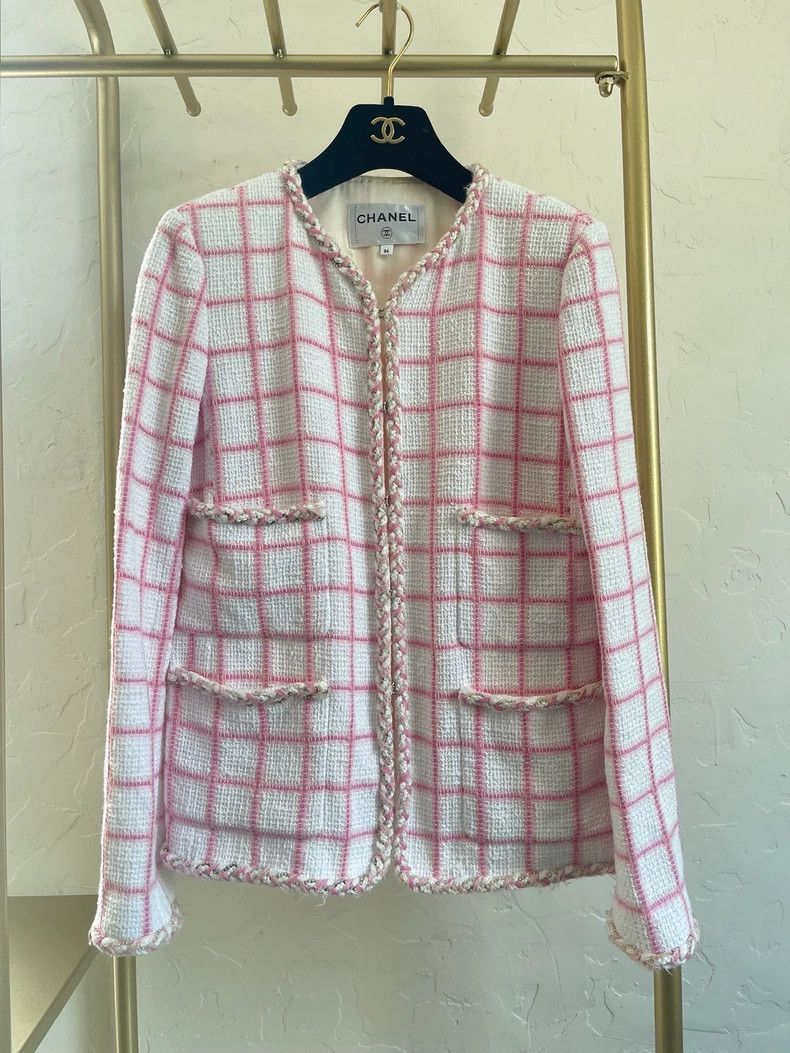 Chanel 23c pink and white plaid jacket