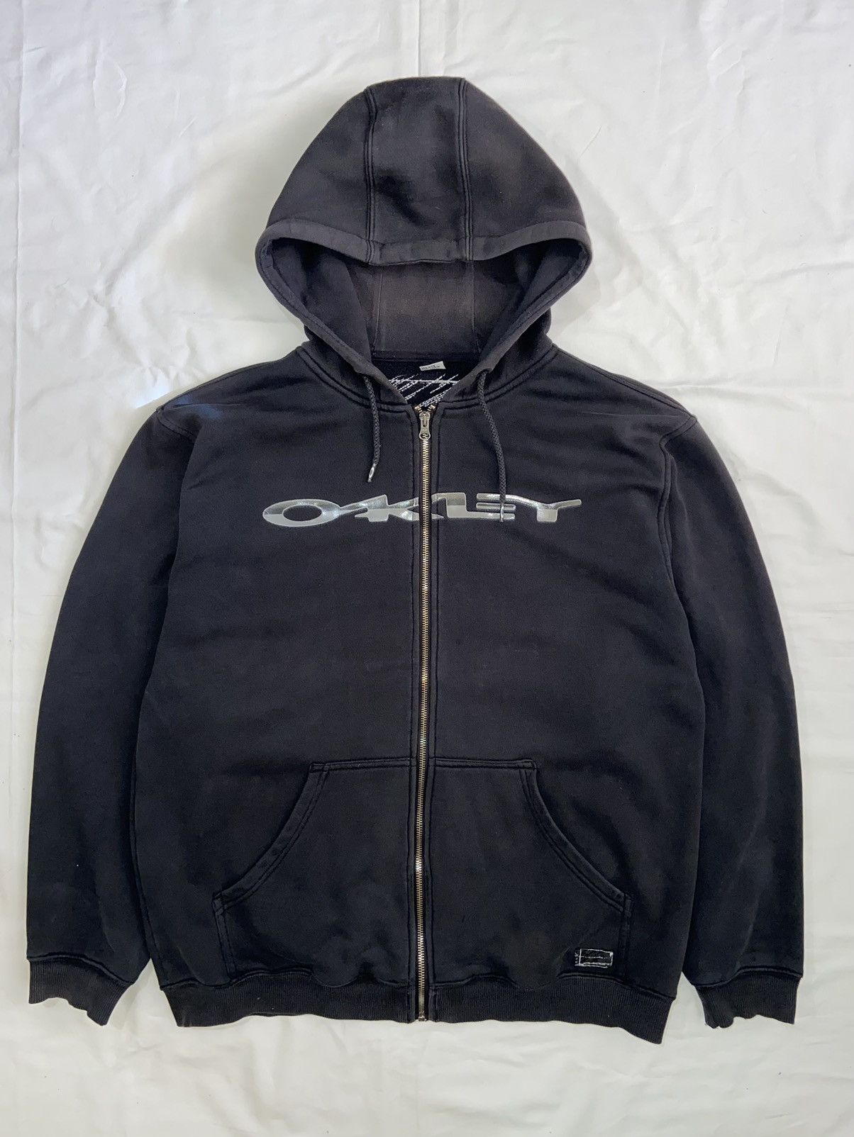 Pre-owned Oakley Sun Faded Zip Up Hoodie Big Logo Y2k Outdoor In Black