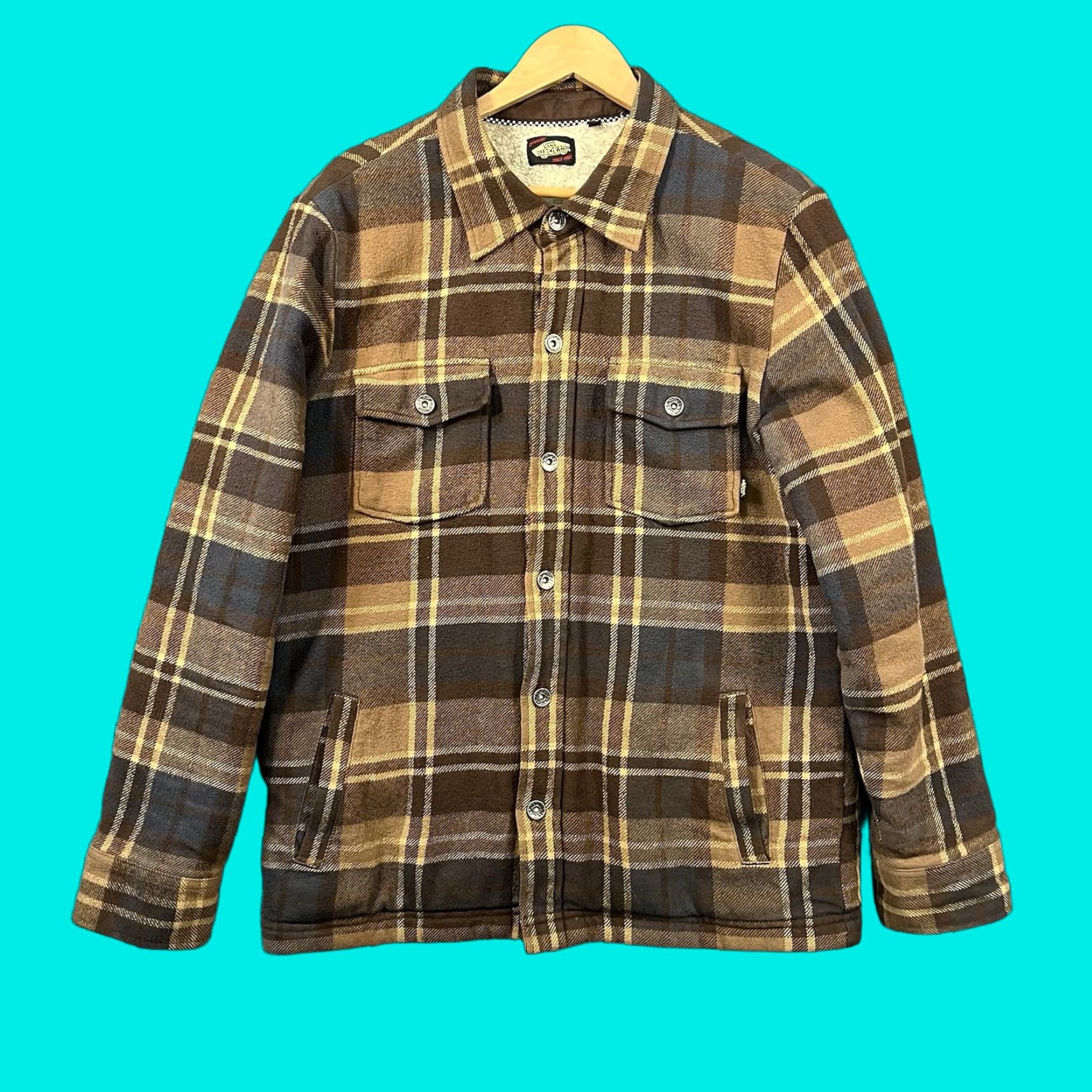 VANS Off The Wall Plaid Sherpa Shacket Mens Large Vintage Flannel Jacket Brown Cotton Quilted Pockets Collared Grunge Skater 90s Y2K