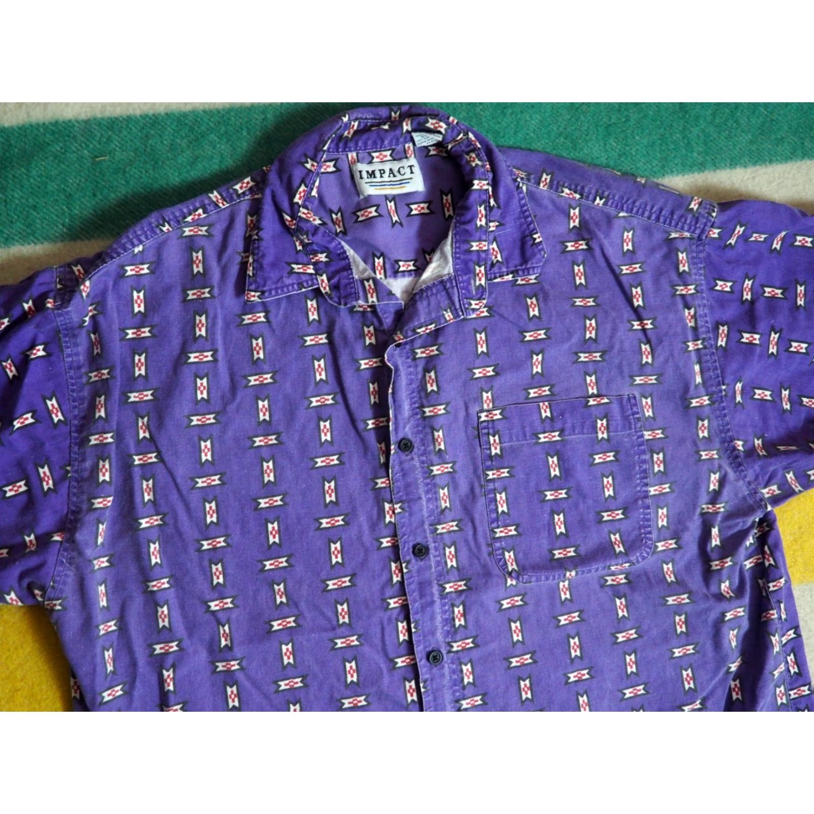 Vintage VINTAGE Impact Western Shirt L Purple 90s Cotton Short Sleeve Geometric Cockpit Pocket Mens Size US L / EU 52-54 / 3 - 3 Thumbnail