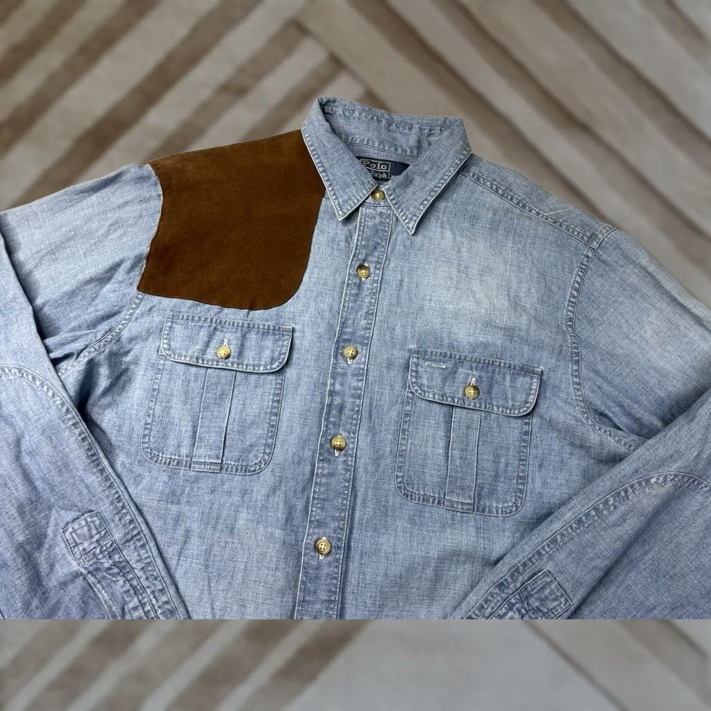 Polo Ralph Lauren VINTAGE Polo Ralph Lauren Chambray Denim Pocket Shooting Shirt L Blue Cotton Button-Up Men"} Size US L / EU 52-54 / 3 - 1 Thumbnail