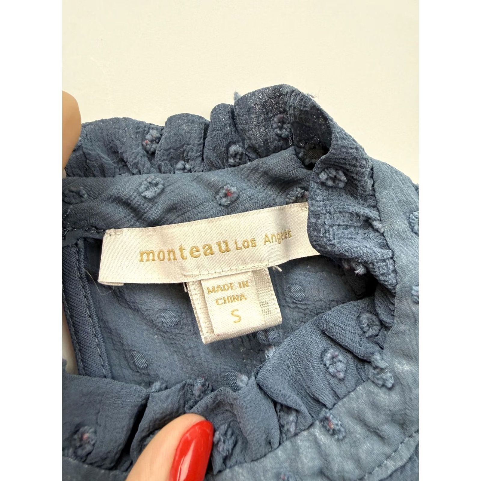 Vintage Monteau Dress Womens S Blue Long Sleeve Swiss Dot Ruffle Mini Los Angeles Size S / US 4 / IT 40 - 4 Thumbnail