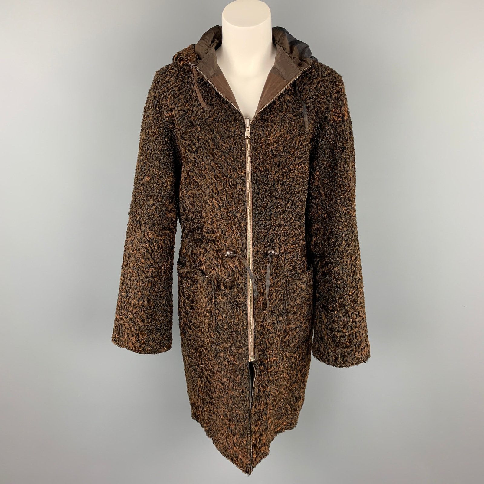 Vintage VINTAGE Brown Stripe Astrakhan Fur Reversible Hooded Jacket Size M / US 6-8 / IT 42-44 - 1 Thumbnail