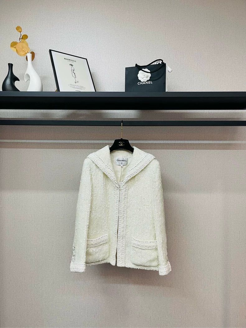 Chanel White Navy Collar Sequined Jacket- DMC