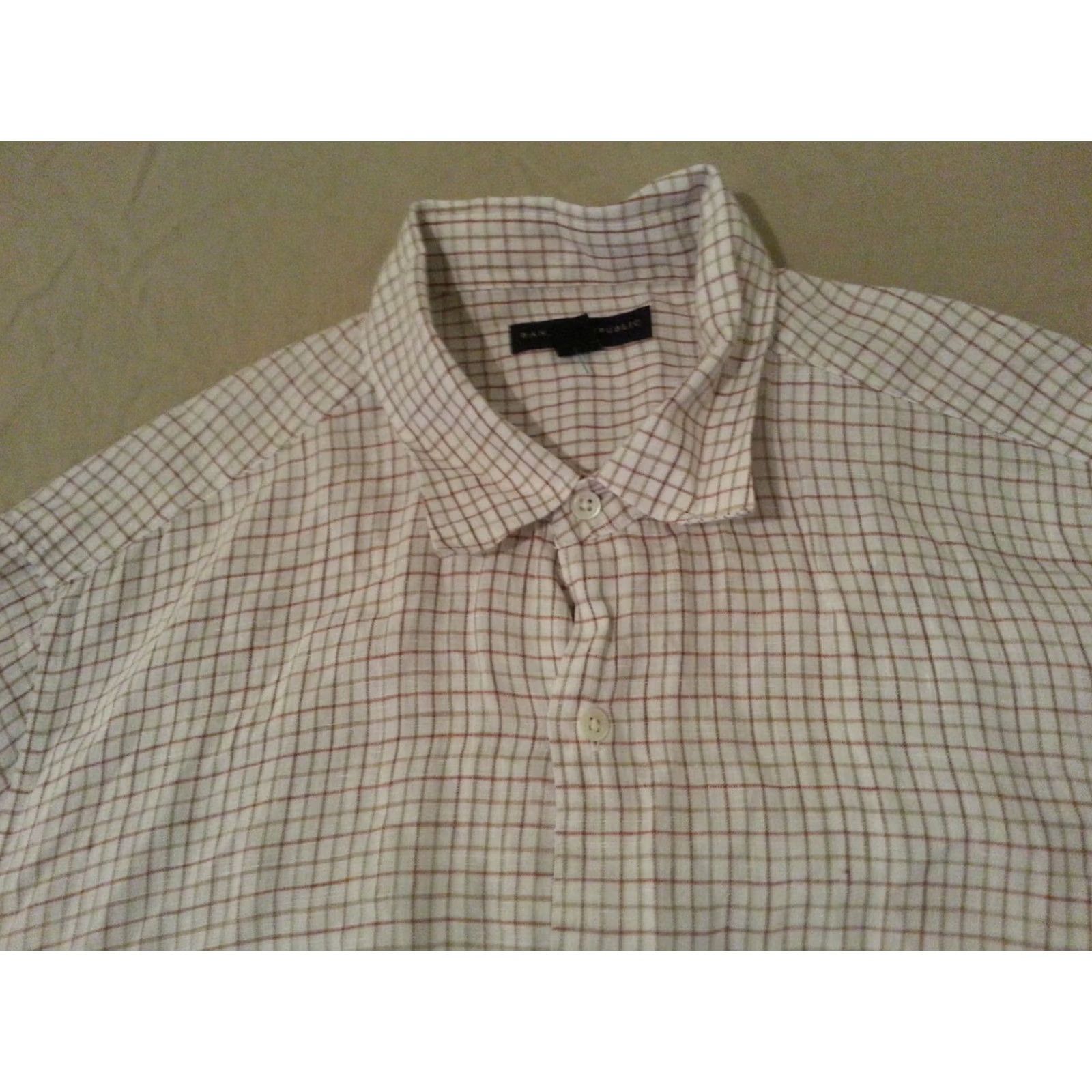 Banana Republic Mens Banana Republic Dress Shirt L Large Cream Linen Button Short Sleeve Size 42R - 3 Thumbnail