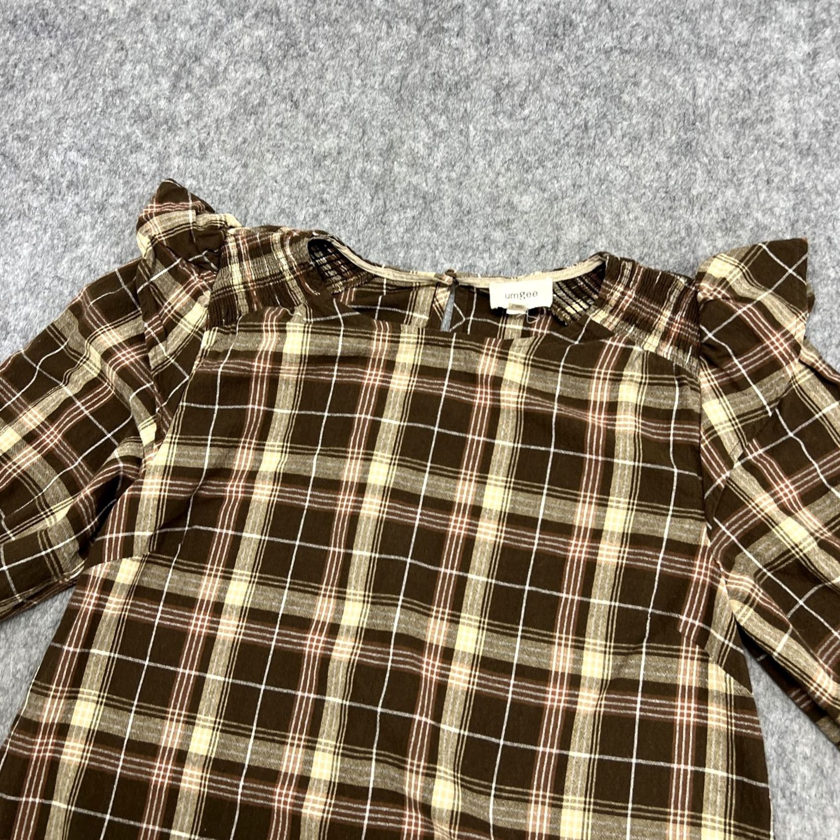 Vintage UMGEE Blouse Womens M Brown Plaid Tunic 3/4 Sleeve Cotton Top Ruffle Boho Shirt Size M / US 6-8 / IT 42-44 - 7 Thumbnail