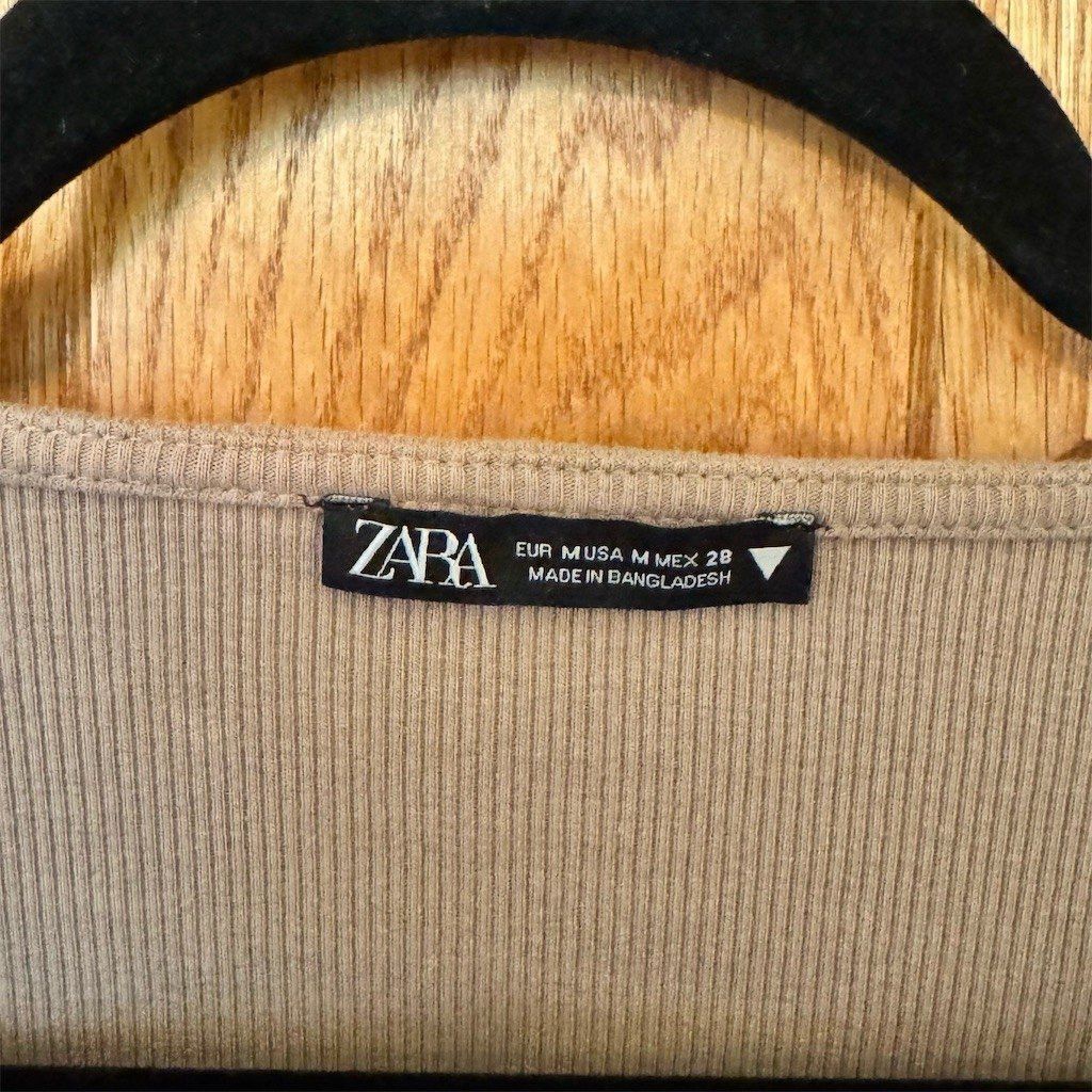 Zara ZARA Blouse Womens Size M Beige Ribbed Square Neck Long Sle Size M / US 6-8 / IT 42-44 - 3 Thumbnail