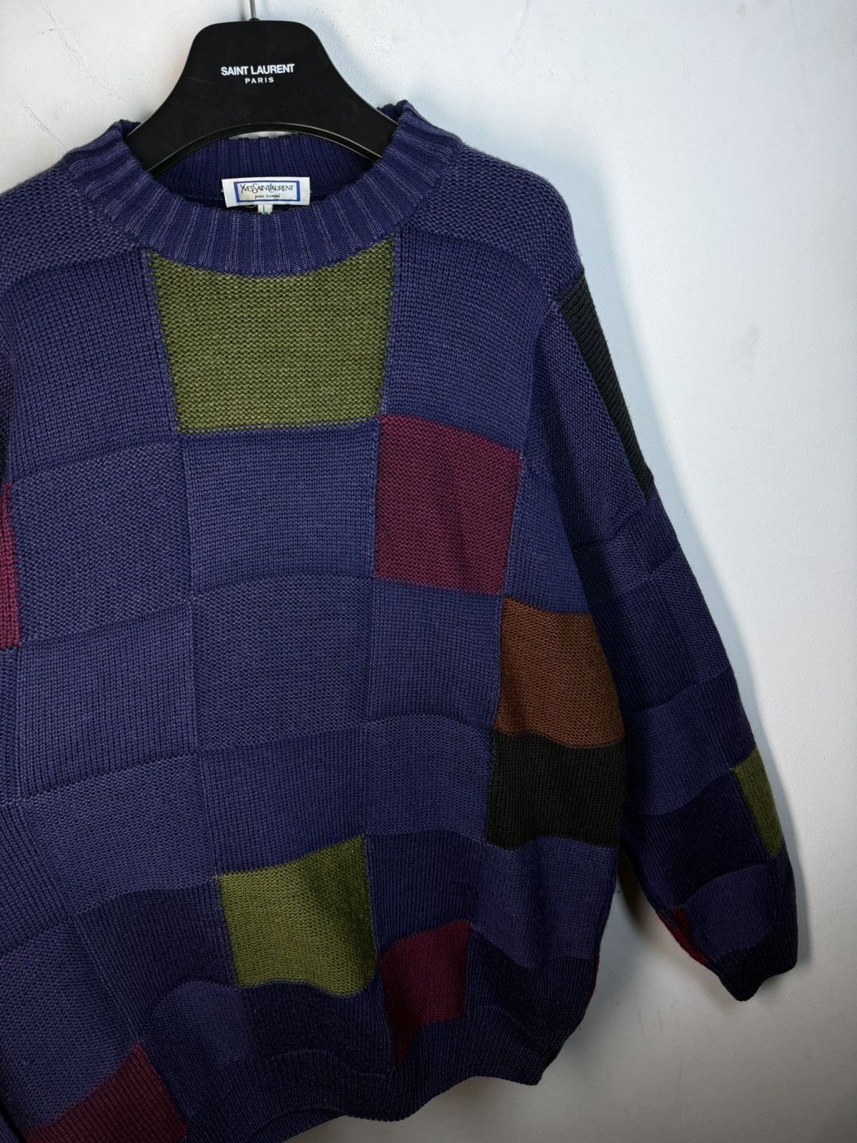 Yves Saint Laurent 🇮🇹 90s Wool YSL Sweater Knit Patchwork Saint Laurent Paris Size US L / EU 52-54 / 3 - 4 Thumbnail