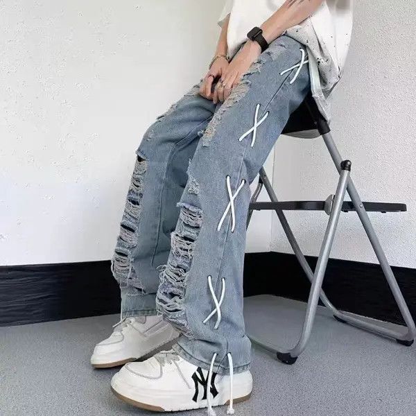 VIBE Street design ripped side drawstring straight-leg jeans Size US 32 / EU 48 - 4 Thumbnail