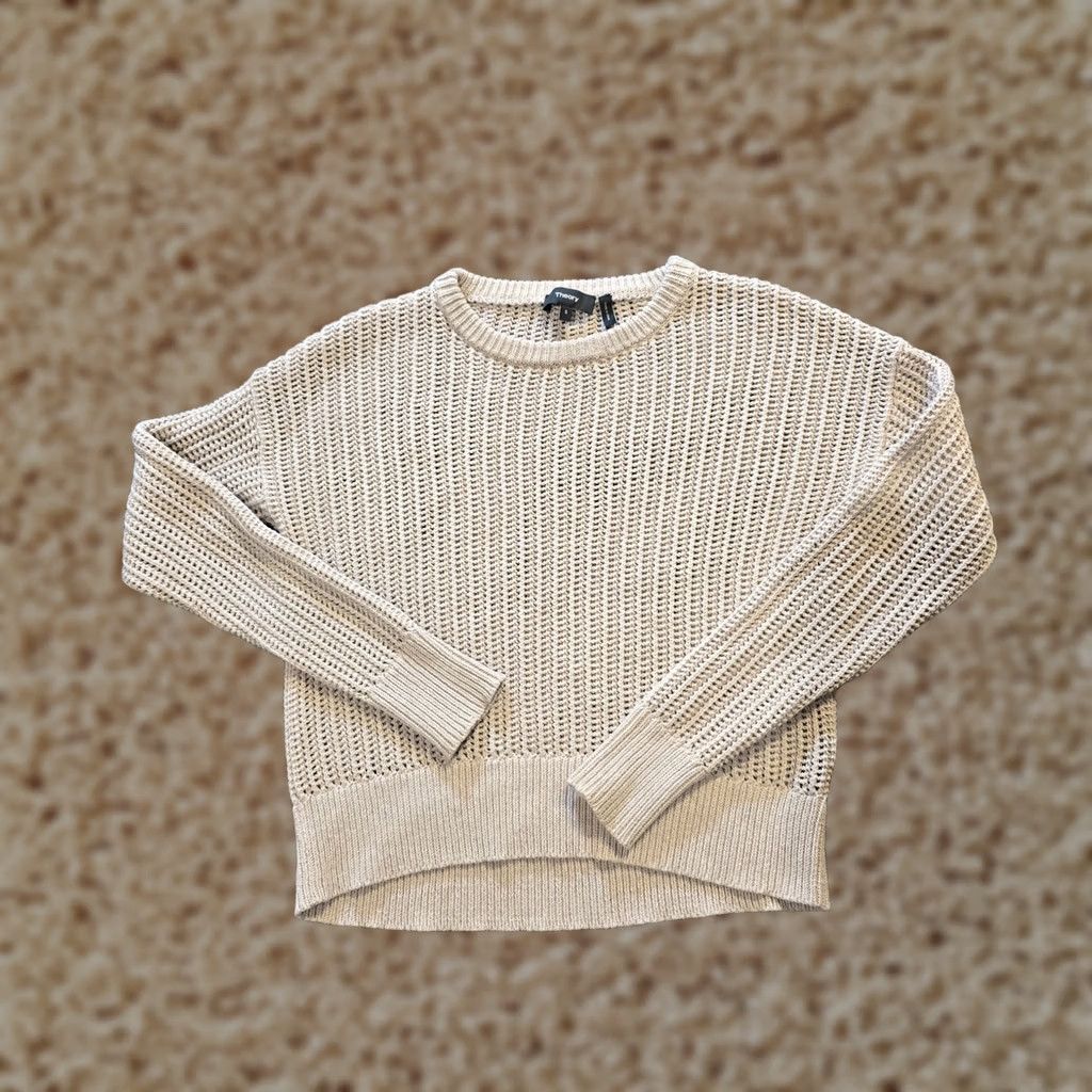 Theory Theory Sweater Womens Small Beige Open Knit Long Sleeve Crew Neck Casual Pullover Knit Cotton Classic/Fitted Sleeve Beachy Capsule Winter Fall Size S / US 4 / IT 40 - 1 Thumbnail