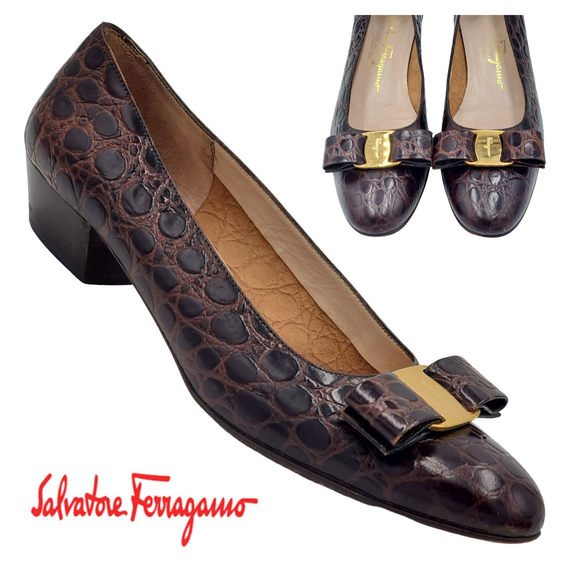 image of Salvatore Ferragamo Women 8 Brown Crocodile Embossed Leather Shoes in Brown Black