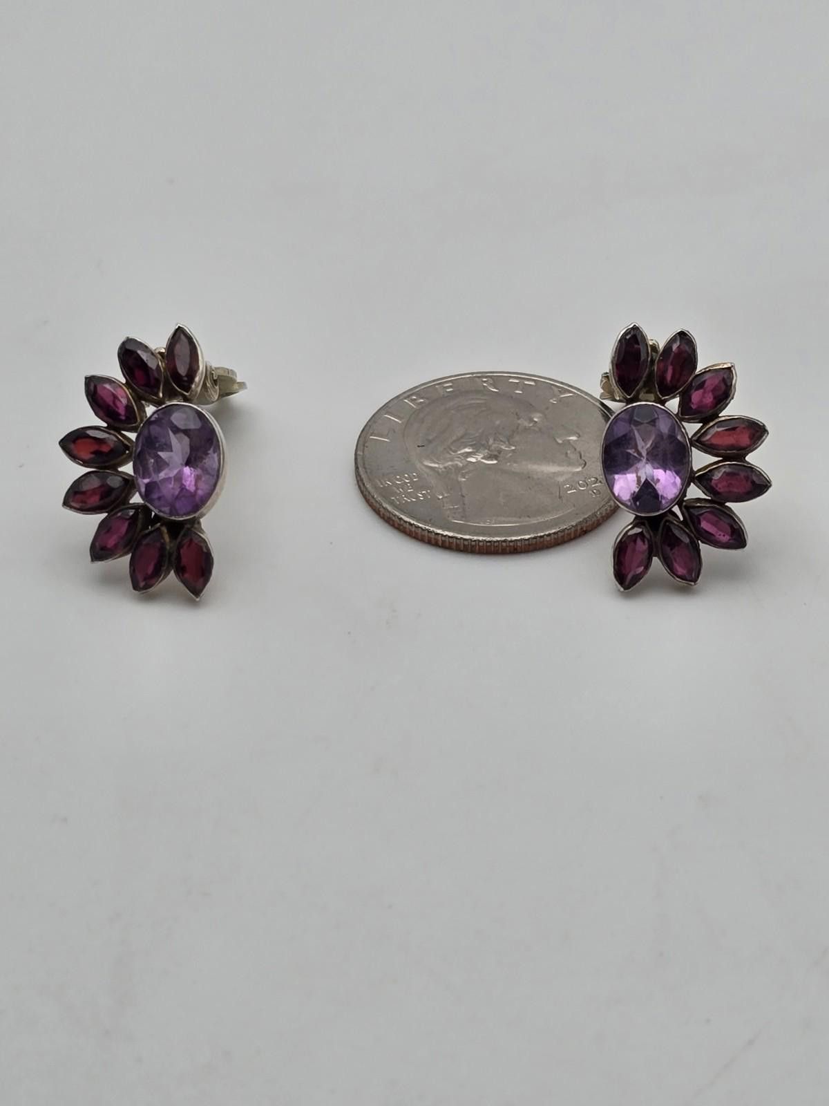 The Unbranded Brand Vintage 50s Silver Clip-On Earrings Genuine Amethyst Floral Size ONE SIZE - 1 Thumbnail