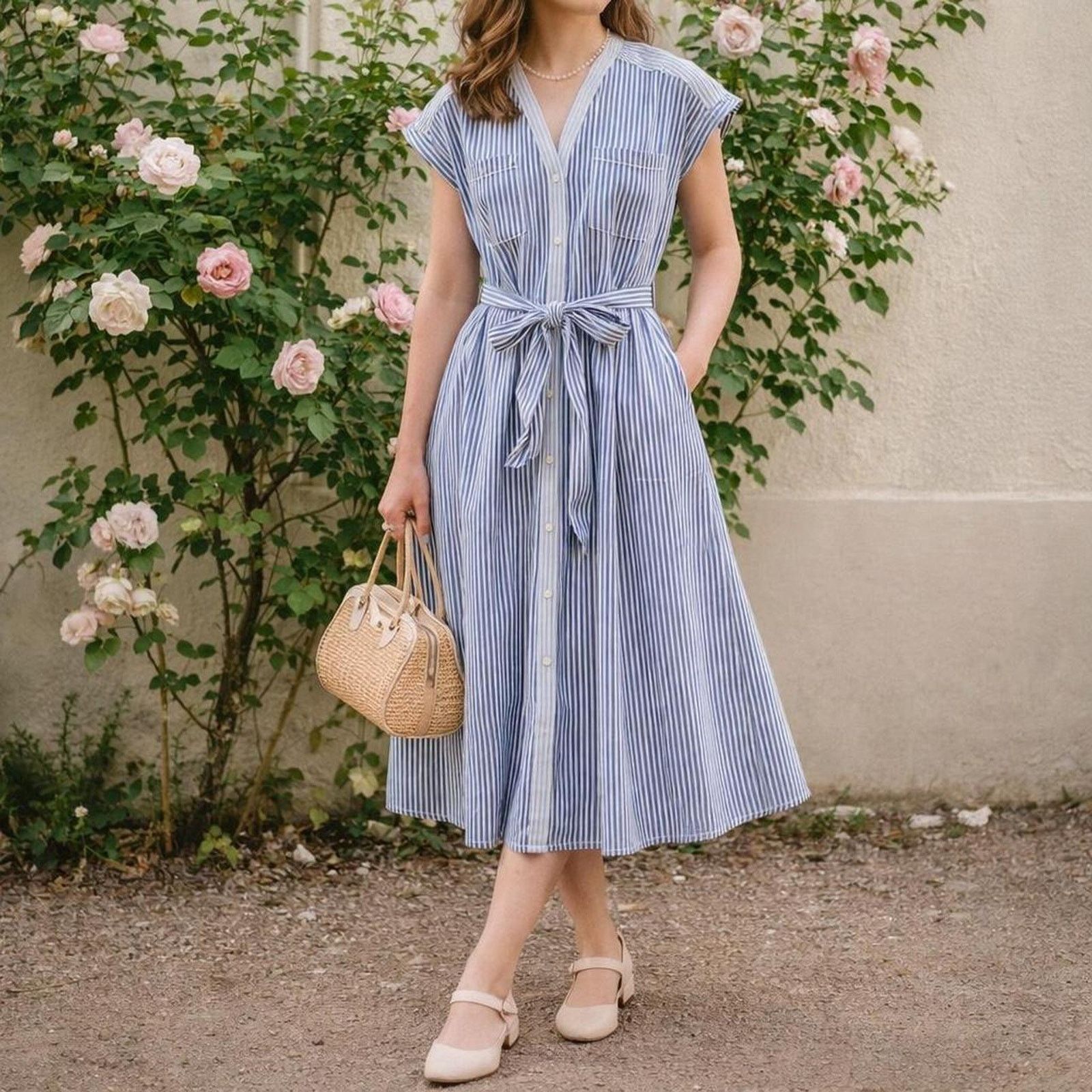 Other Romantic Soft Blue Stripe Pockets Tie Waist Dress Wrapped Size M / US 6-8 / IT 42-44 - 2 Thumbnail