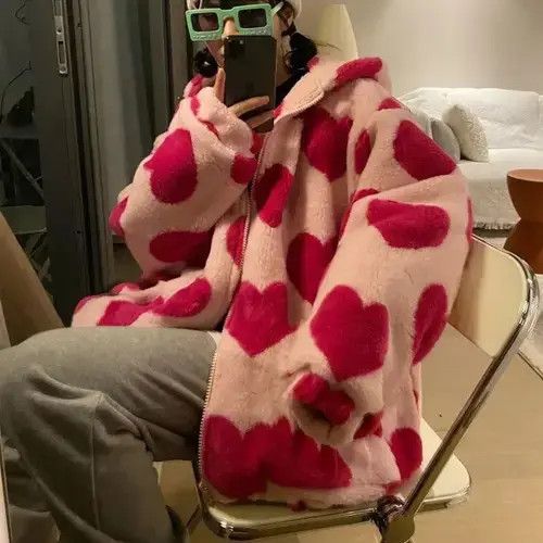 Anime × Japanese Brand Jack Harajuku Heart-shaped Print Plush Jacket Women Size ONE SIZE - 2 Thumbnail