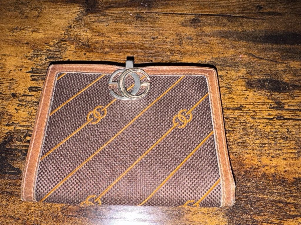 Gucci Diagonal Striped Canvas Leather Trim Bifold 70’s 80’s