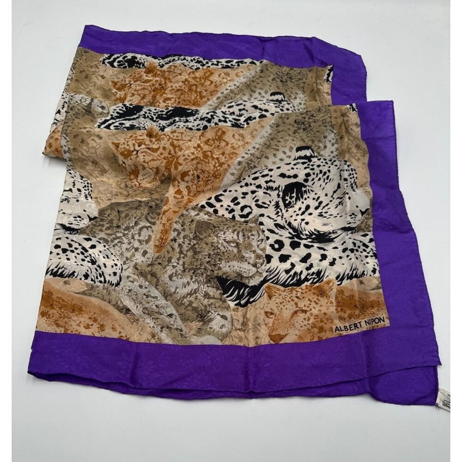 Albert Nipon Albert Nipon Scarf Vintage Leopard Print Purple Trim Silk Size ONE SIZE - 3 Thumbnail