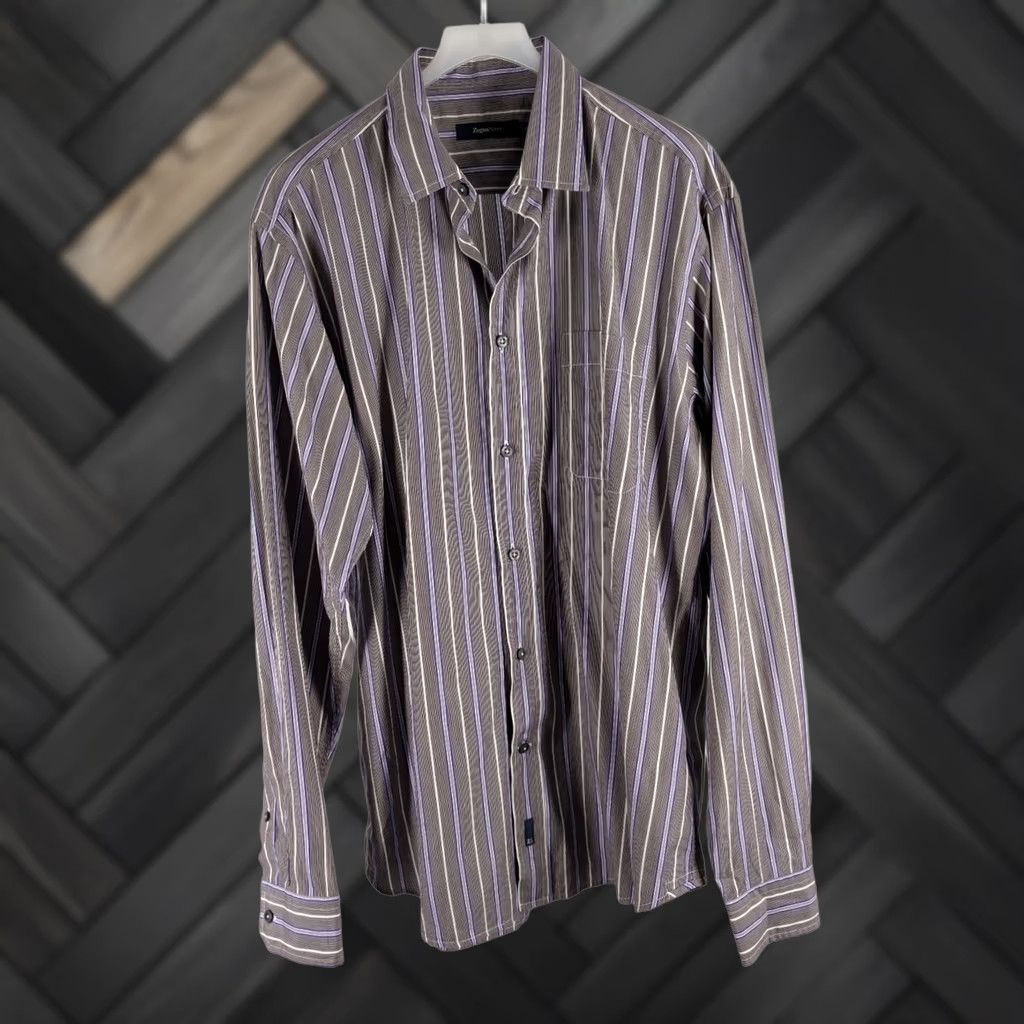 Ermenegildo Zegna VINTAGE Zegna Sport Striped Button-Down Shirt XL Purple Grey White Cotton Long Sleeve Mens Size US XL / EU 56 / 4 - 1 Thumbnail