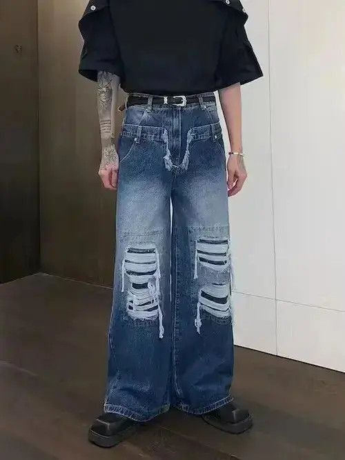 Japanese Brand Baggy Washed Distressed Blue Jeans, Ripped Jeans Size US 32 / EU 48 - 5 Thumbnail