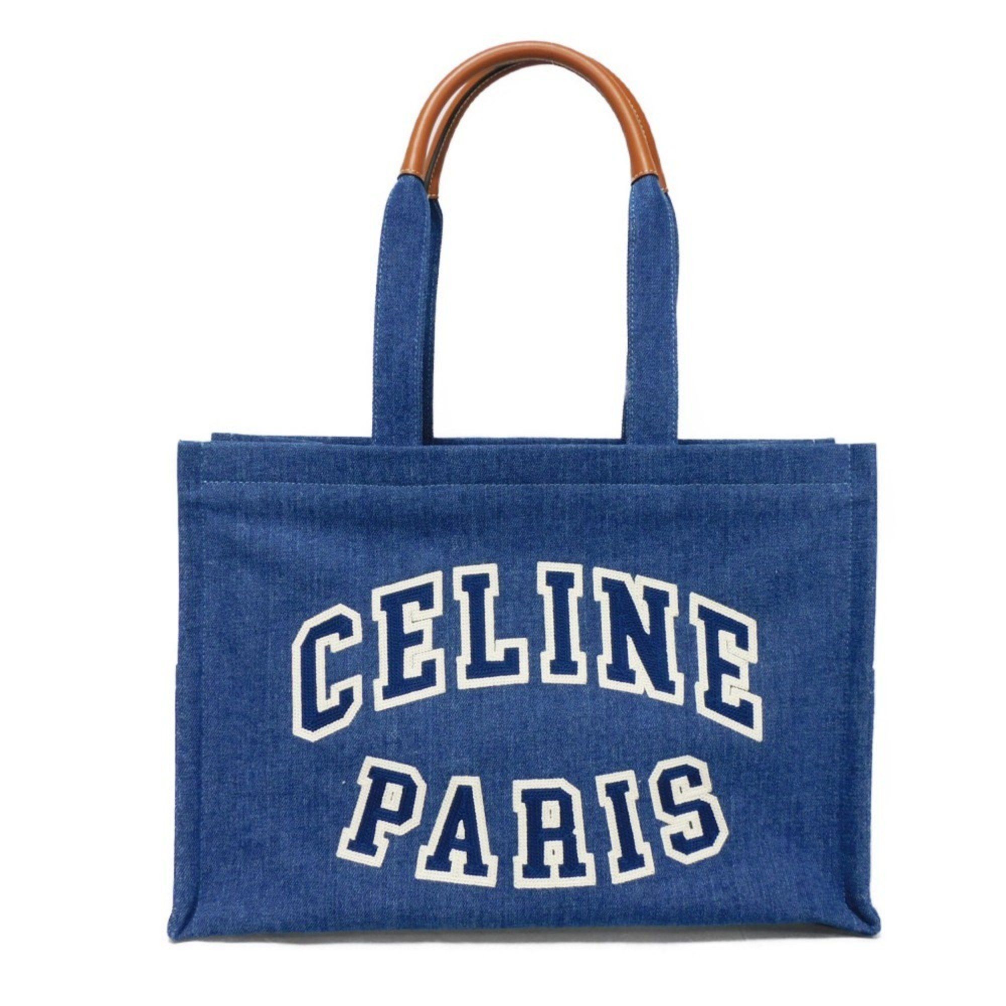 Celine Tote Bag Large Cabas Denim Tan Calfskin Applique Cotton Blue 196762Ef7.07At Men's Women's
