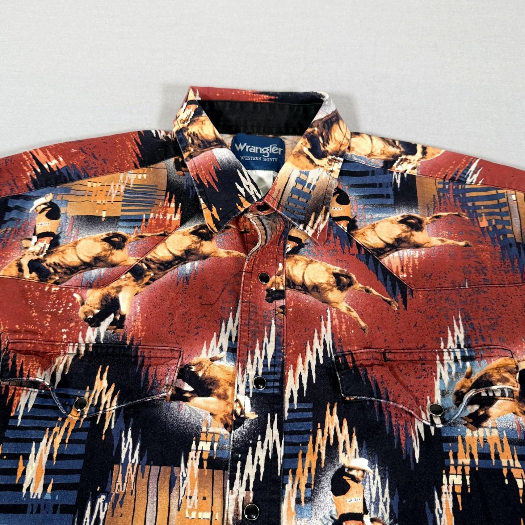 Wrangler VINTAGE Wrangler Shirt Mens XL Red PBR Pearl Snap Western Aztec Bull Riding Cowboy Work Size US XL / EU 56 / 4 - 3 Thumbnail