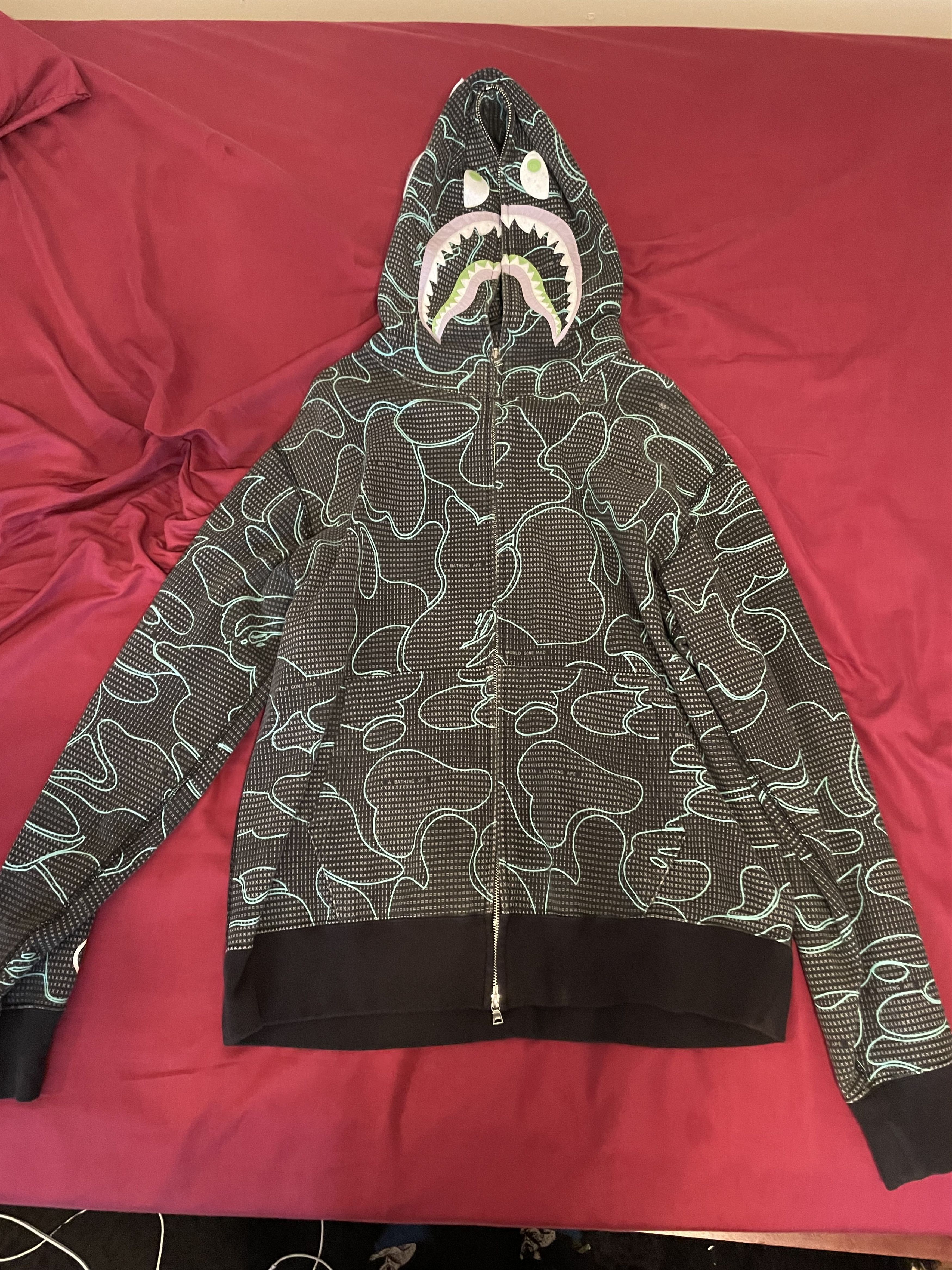 image of Bape Text Code Camo Shark Full Zip Hoodie in Black, Men's (Size 2XL)
